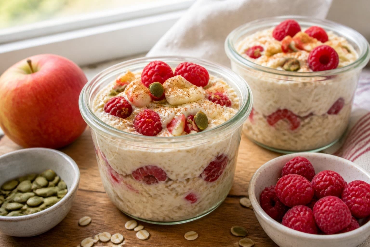 Apple Raspberry Bircher Pots plated and ready to serve.
