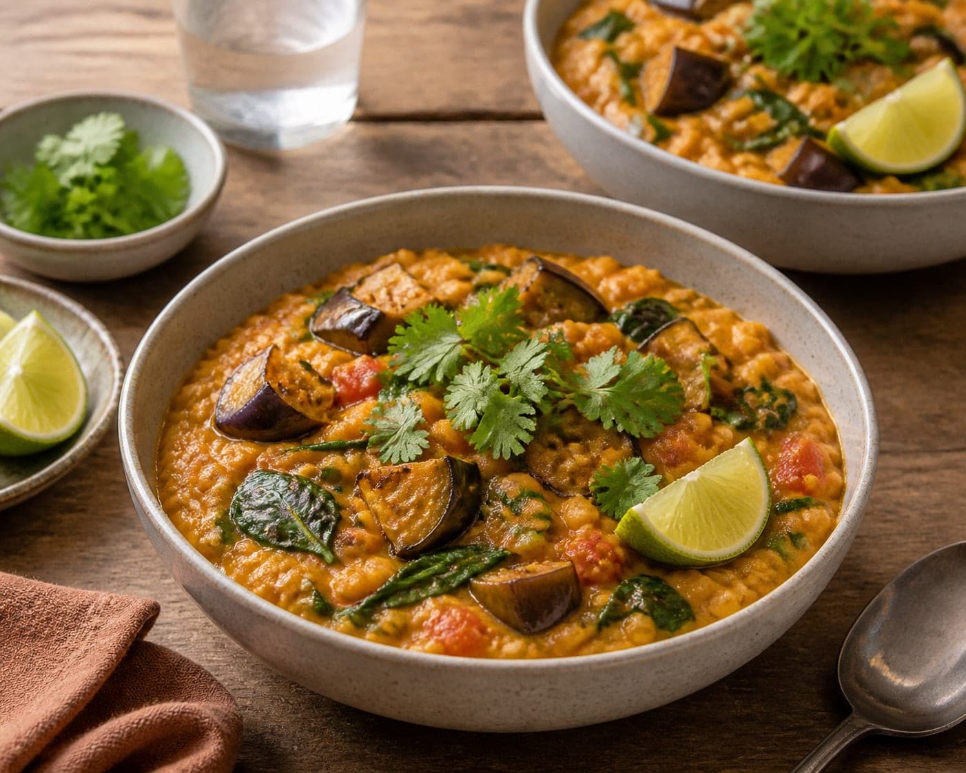 Aubergine Red Lentil Coconut Dal plated and ready to serve.