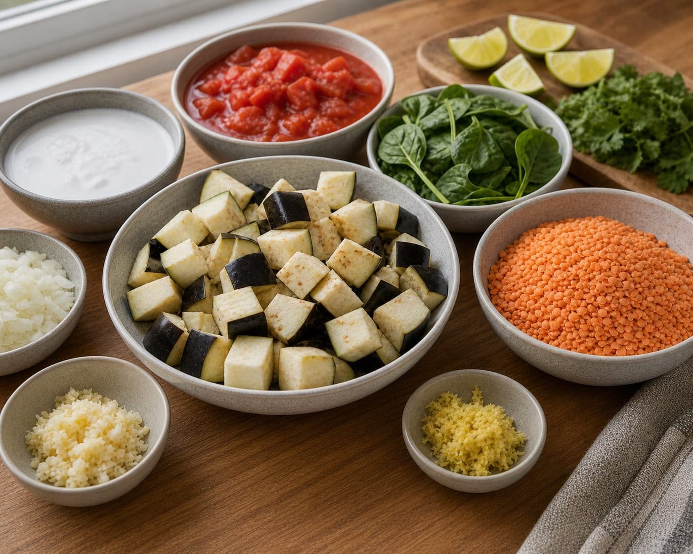 Aubergine Red Lentil Coconut Dal cooking step 1: Prep the vegetables.