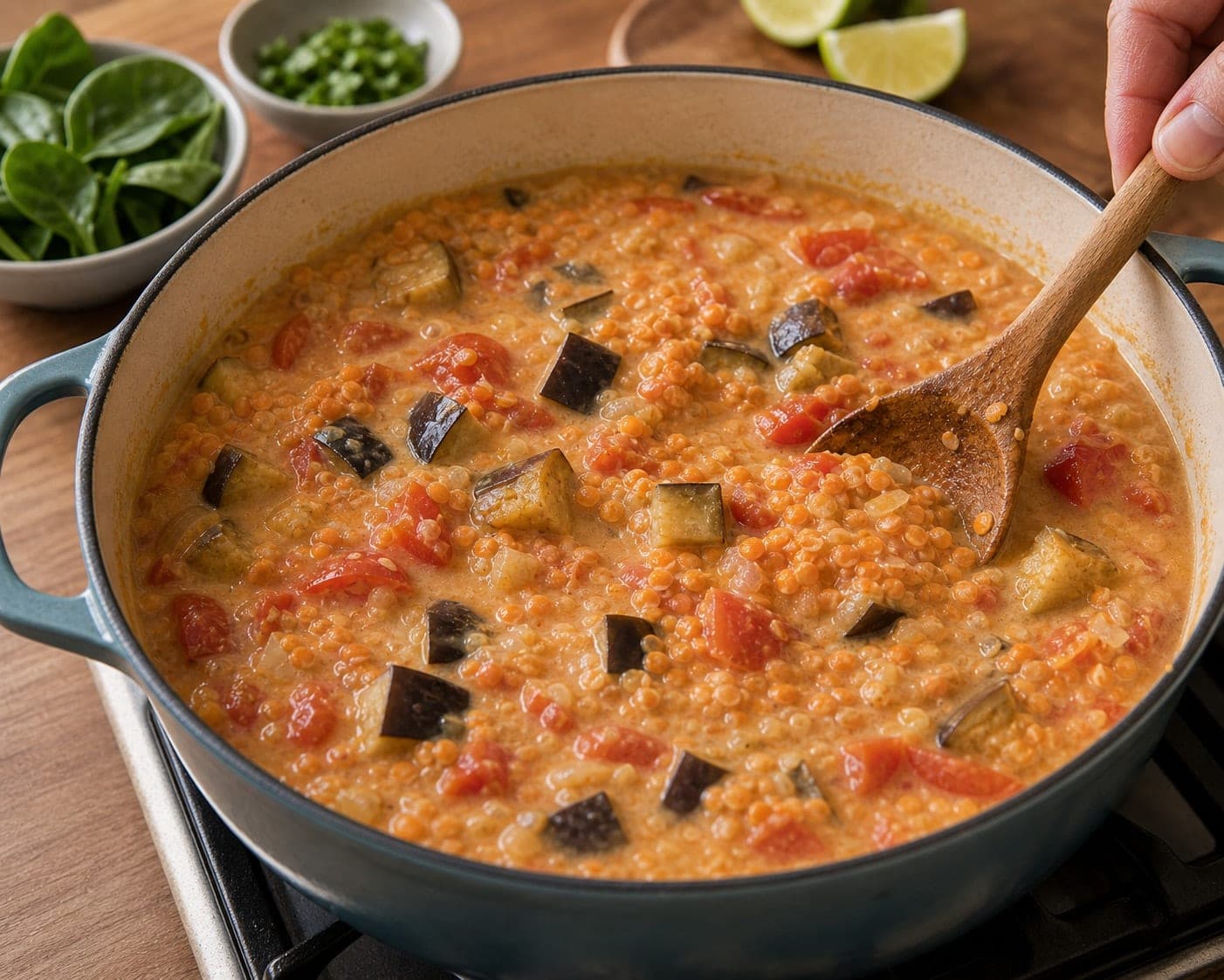 Aubergine Red Lentil Coconut Dal cooking step 4: Simmer the lentils.