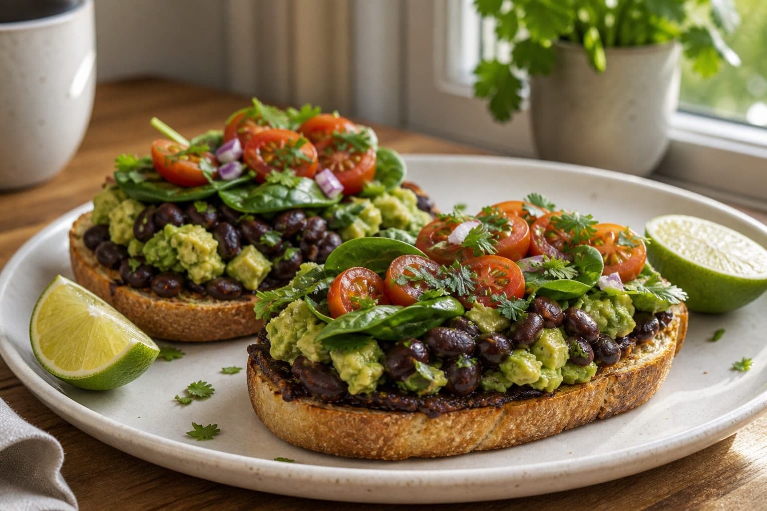 Black Bean Avocado Breakfast Toasts plated and ready to serve.