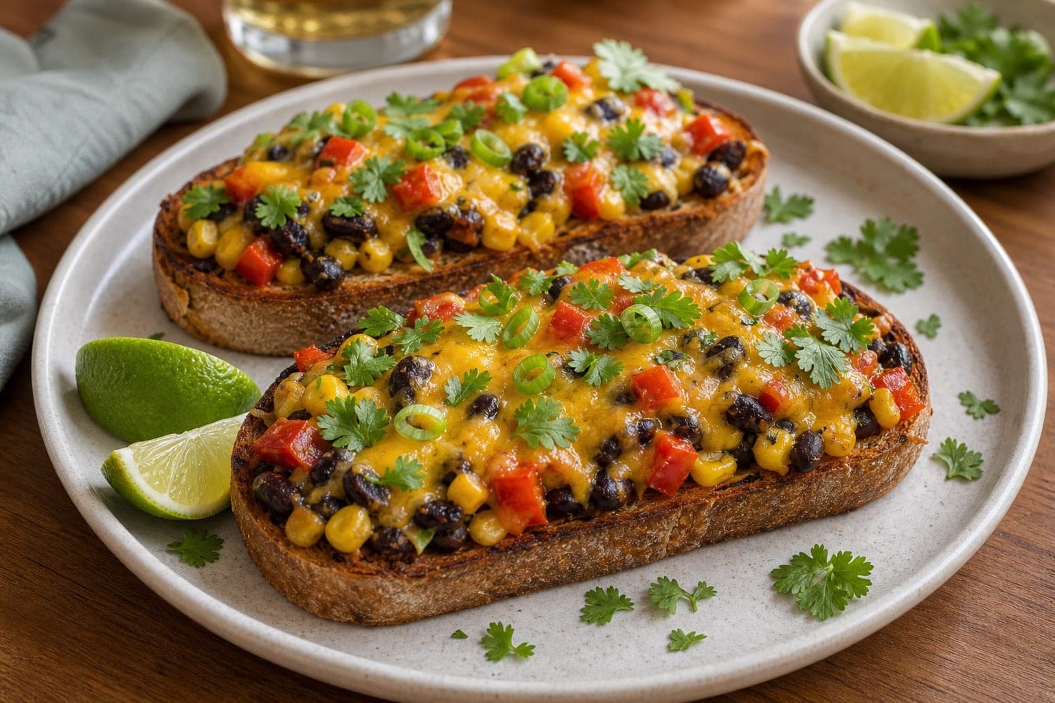 Black Bean Sweetcorn Cheddar Toasts plated and ready to serve.