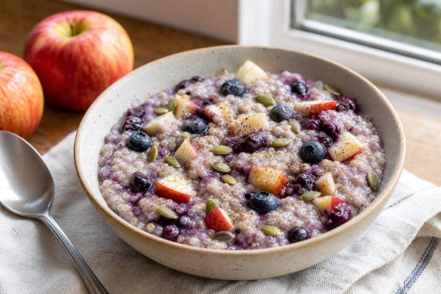 Blueberry Apple Quinoa Porridge plated and ready to serve.