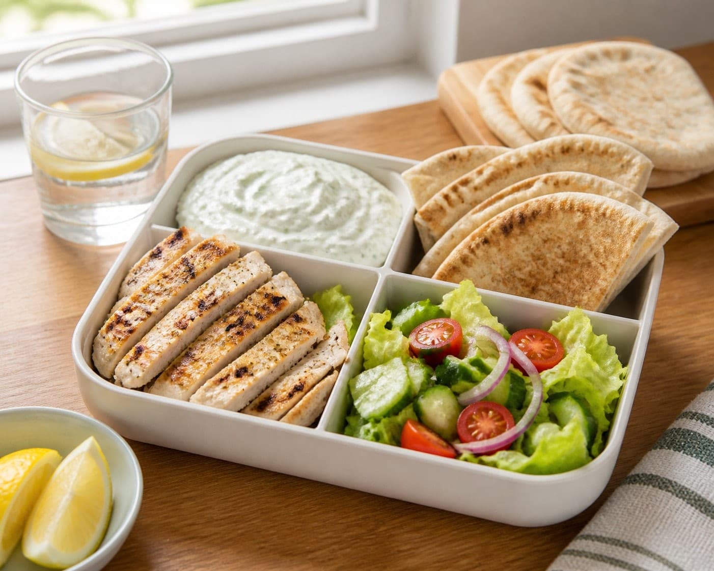 Chicken Tzatziki Pitta Boxes plated and ready to serve.