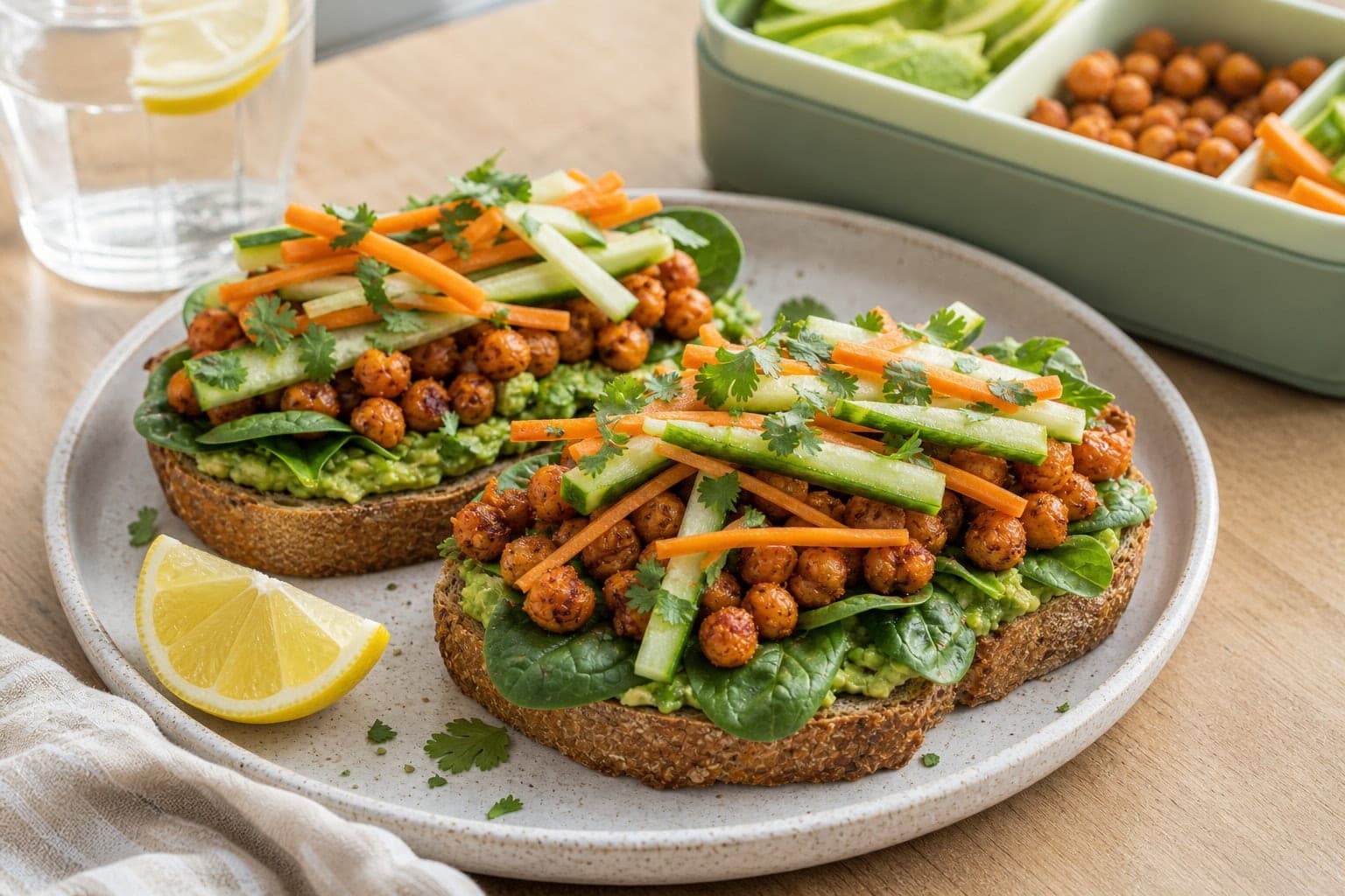 Harissa Chickpea Cucumber Toasts plated and ready to serve.