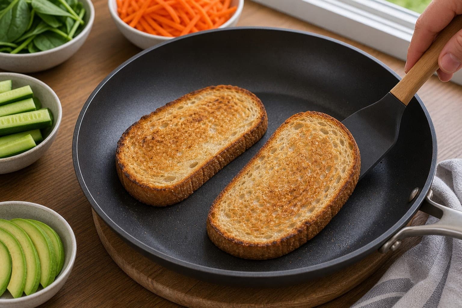 Harissa Chickpea Cucumber Toasts cooking step 4: Toast the bread.