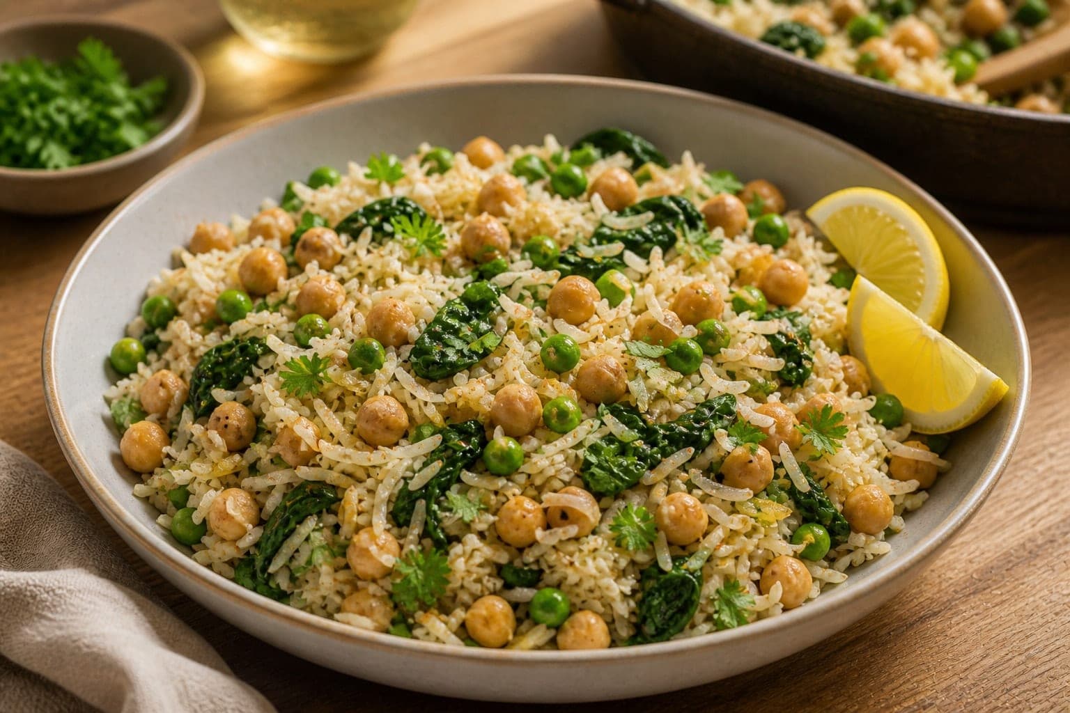 Lemon Chickpea Spinach Rice plated and ready to serve.