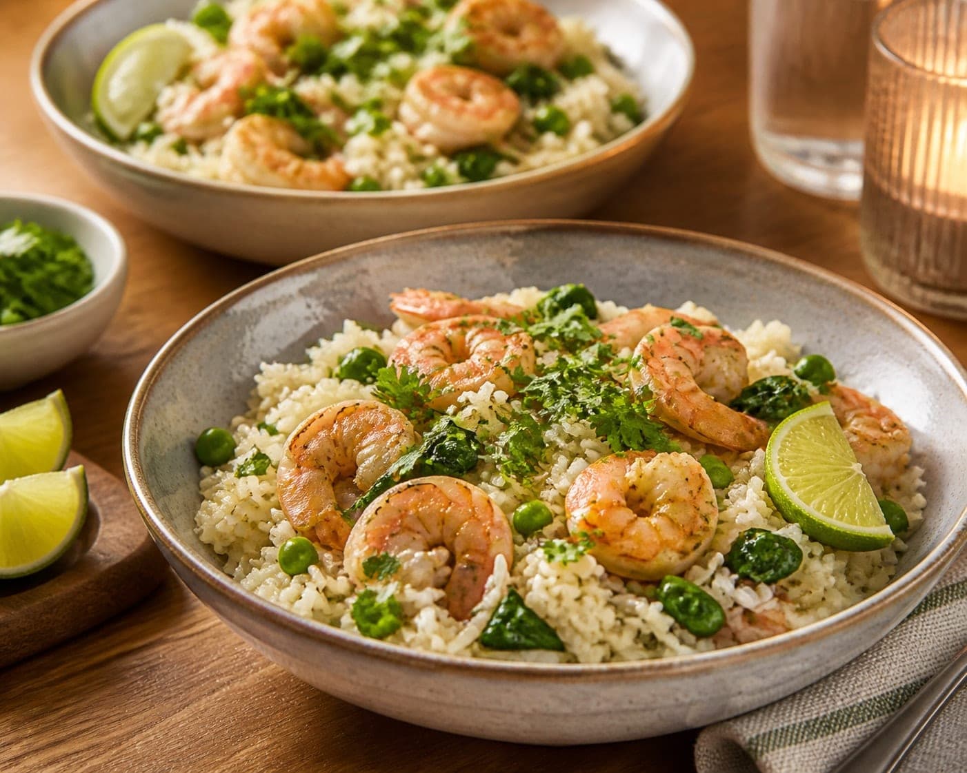 Prawn Pea Coconut Rice plated and ready to serve.