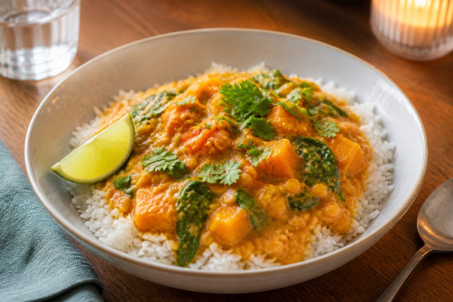 Red Lentil Squash Dal Rice plated and ready to serve.