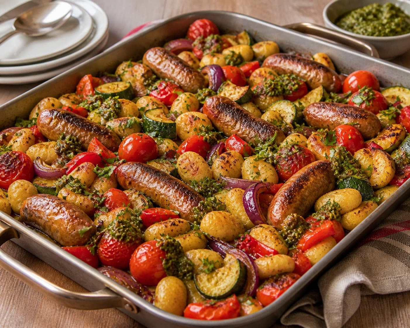 Sausage Pepper Gnocchi Traybake plated and ready to serve.