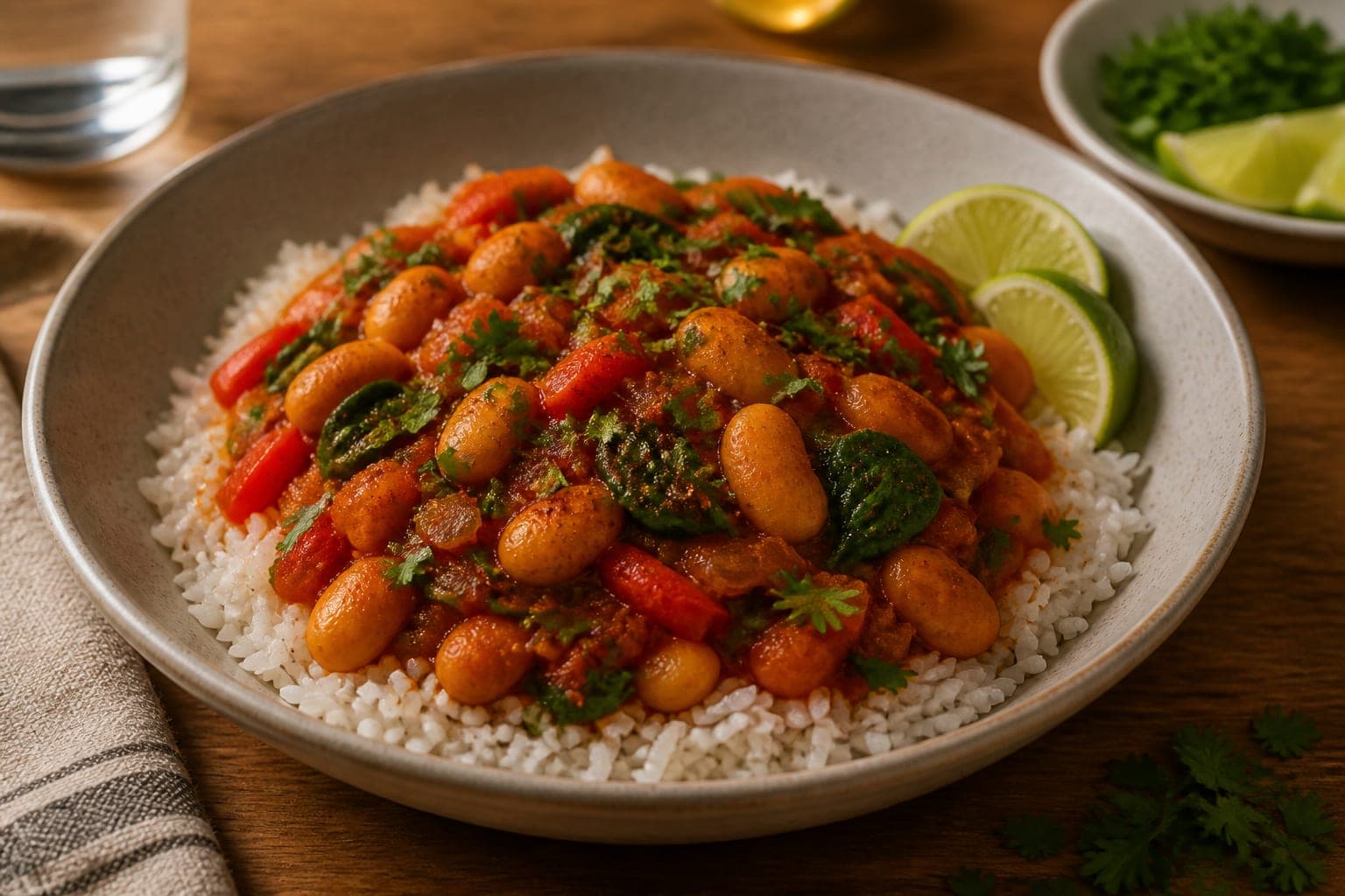 Smoky Butter Bean Pepper Rice plated and ready to serve.