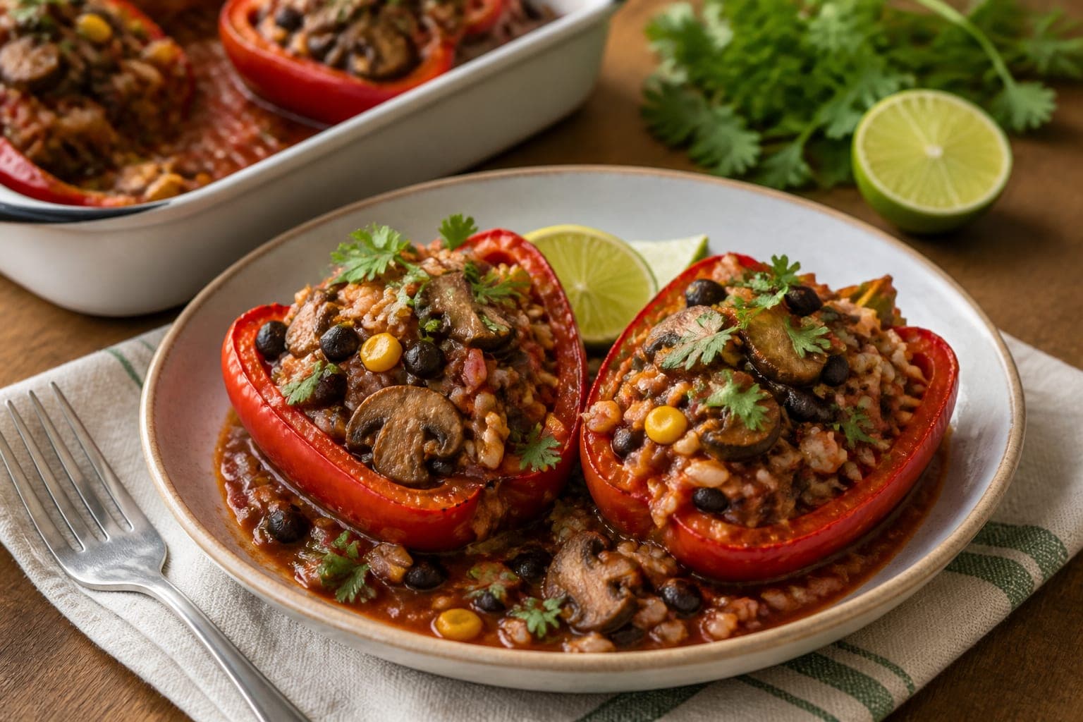 Smoky Mushroom Black Bean Peppers plated and ready to serve.