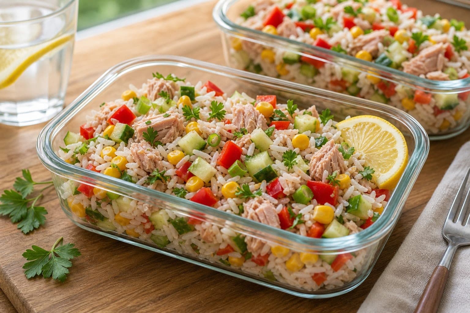 Tuna Sweetcorn Rice Salad Boxes plated and ready to serve.