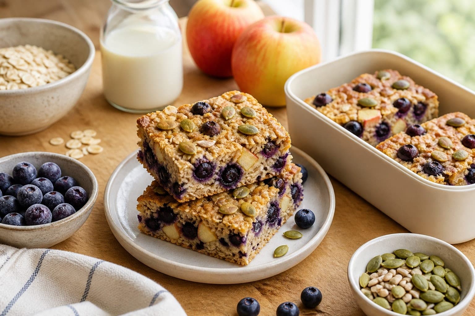 Golden Apple Blueberry Oat Breakfast Bars with Pumpkin Seeds plated and ready to serve.