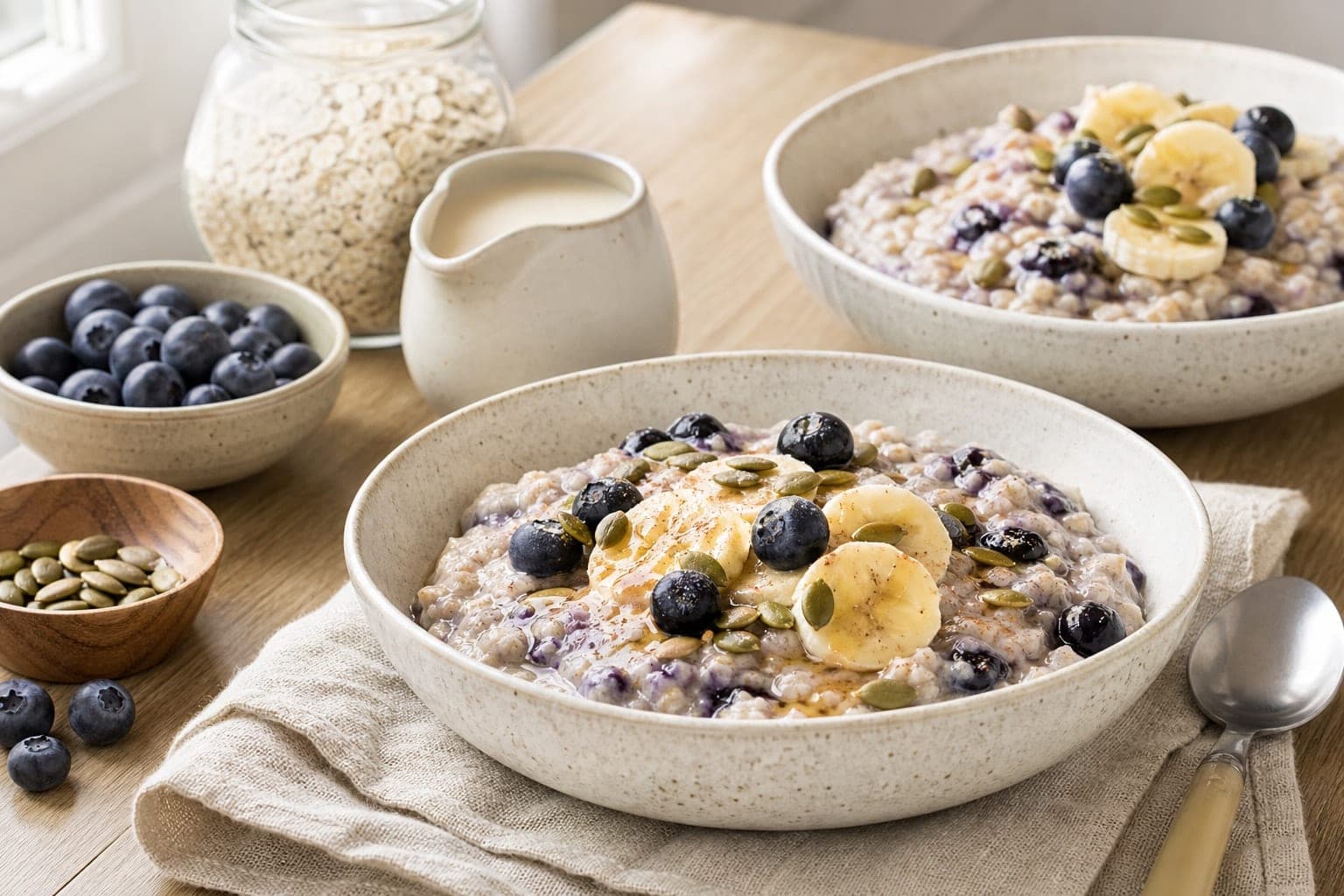 Blueberry Banana Oat Porridge with Pumpkin Seeds plated and ready to serve.
