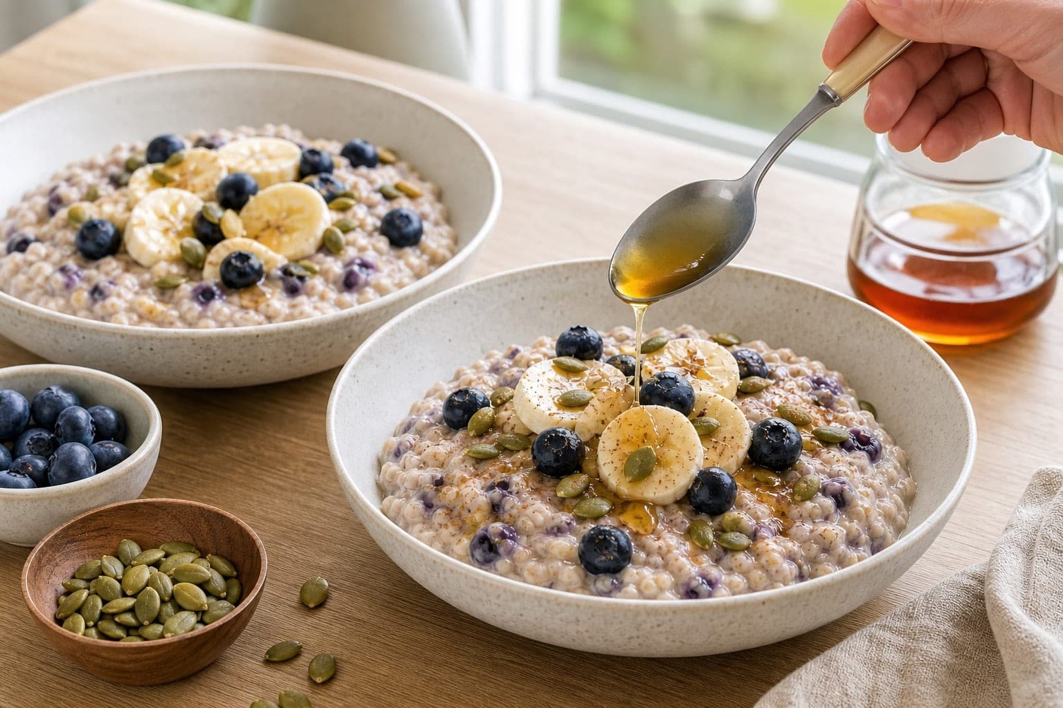 Blueberry Banana Oat Porridge with Pumpkin Seeds cooking step 5: Serve the bowls.