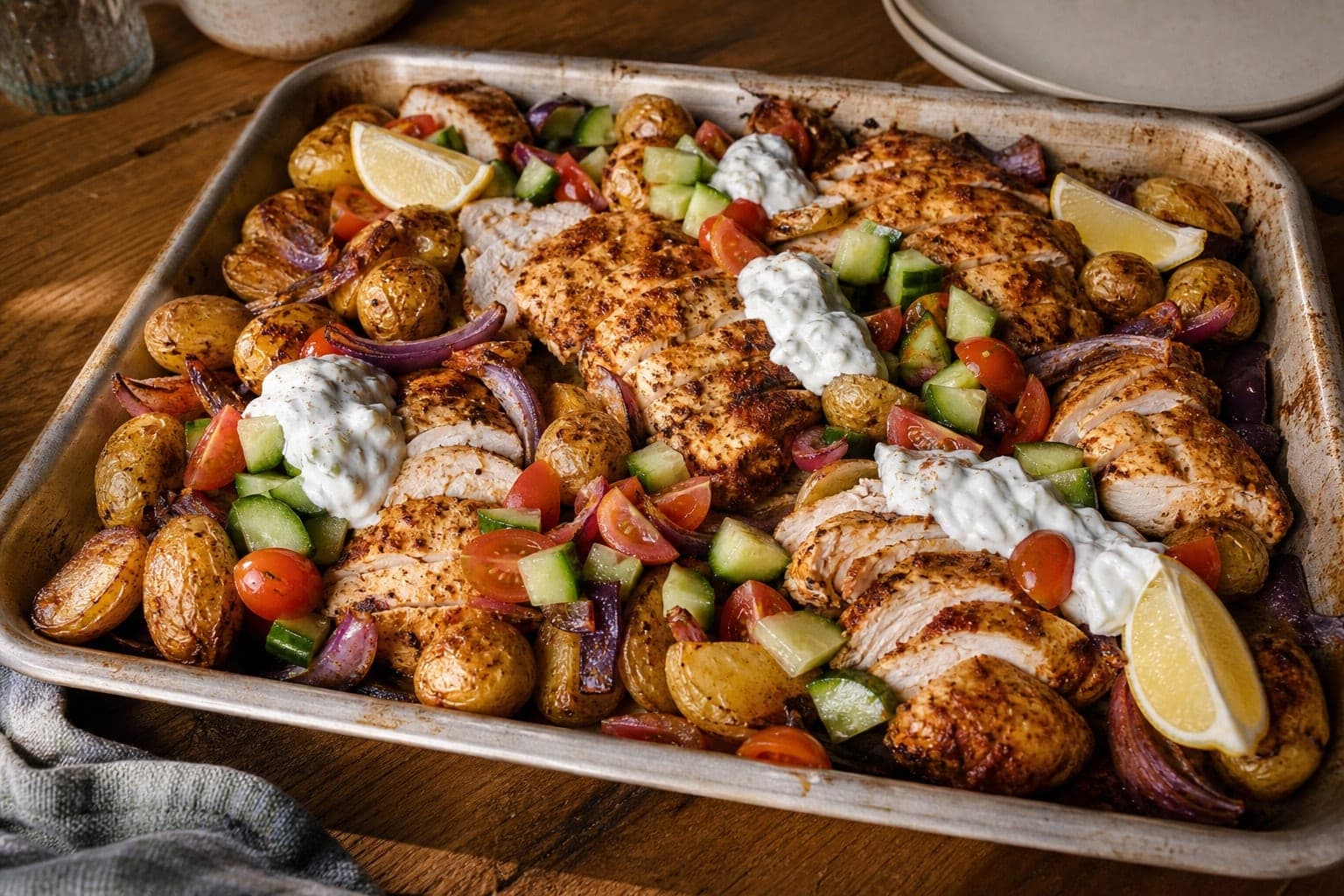 Chicken Shawarma Potato Traybake plated and ready to serve.