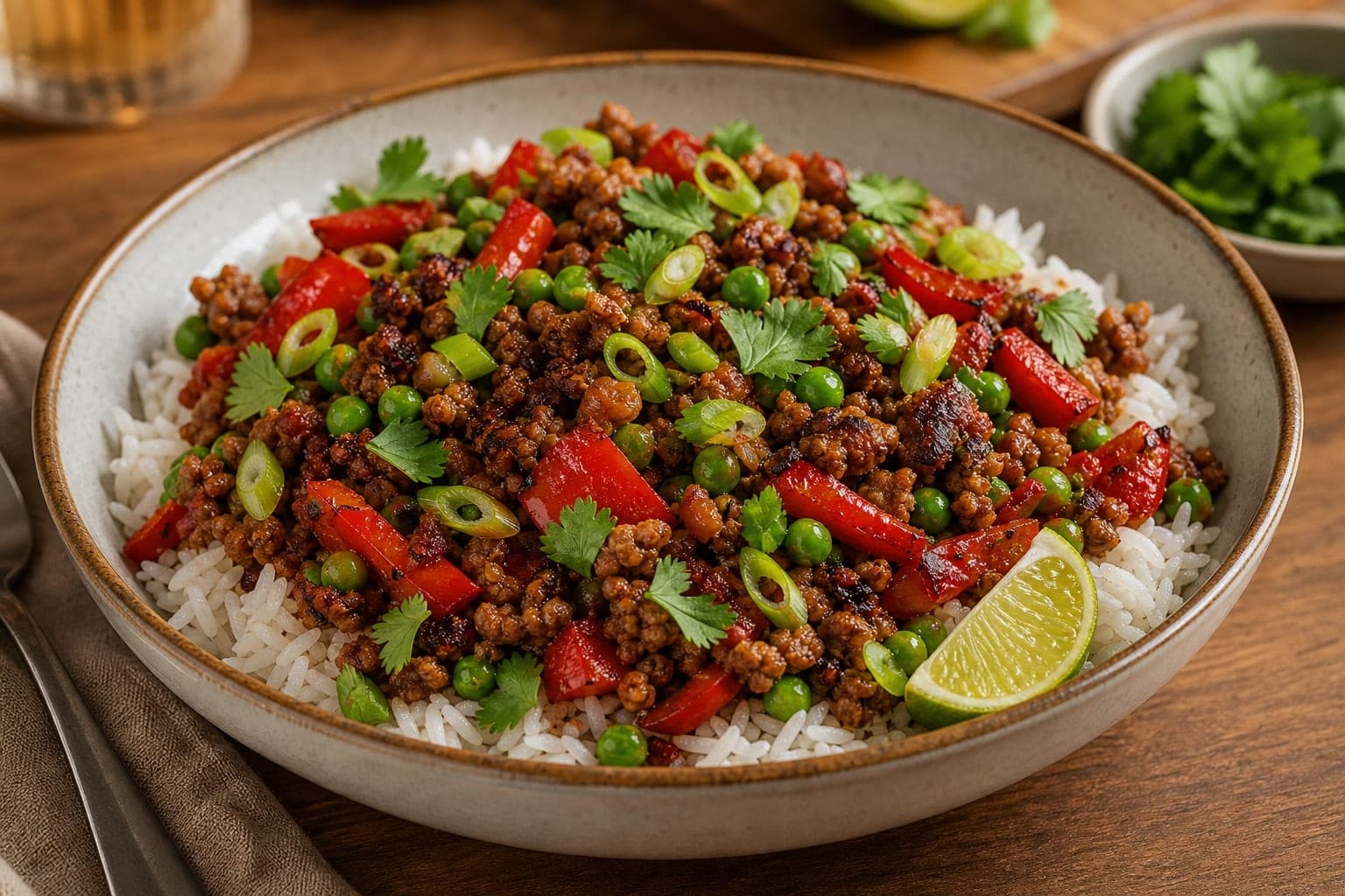 Crispy Paprika Pork Pepper Rice Bowls with Lime plated and ready to serve.