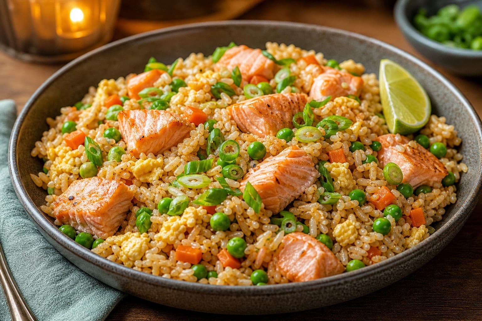 Ginger Salmon Egg Fried Rice with Peas and Spring Onion plated and ready to serve.