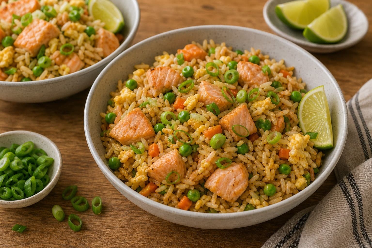 Ginger Salmon Egg Fried Rice with Peas and Spring Onion cooking step 7: Serve with lime.