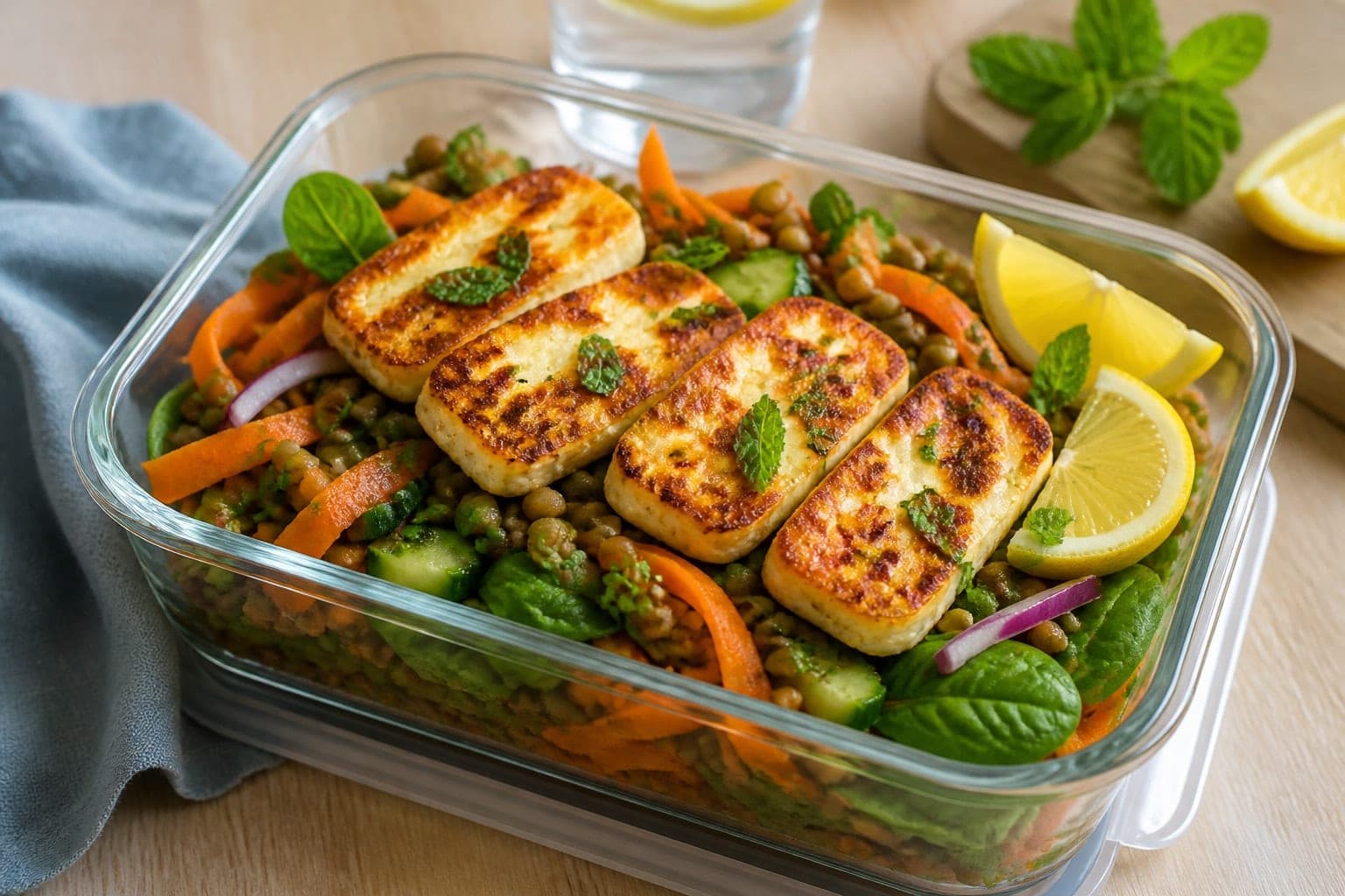 Golden Halloumi Carrot Lentil Boxes with Lemon and Mint plated and ready to serve.