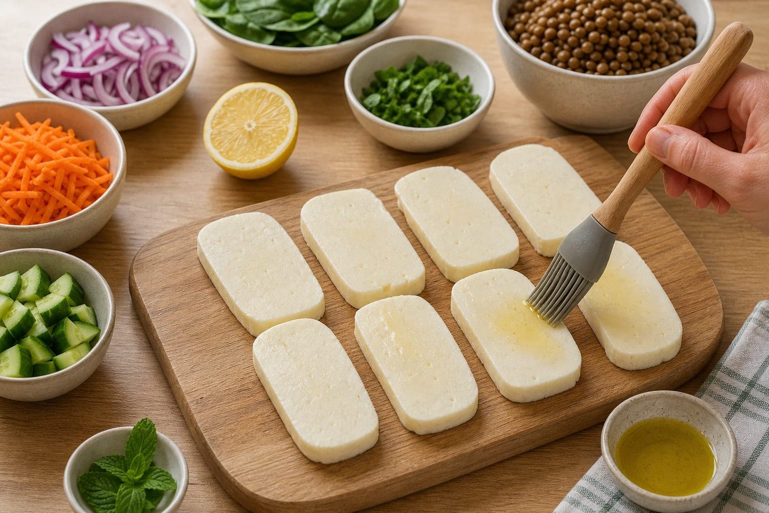 Golden Halloumi Carrot Lentil Boxes with Lemon and Mint cooking step 4: Slice the halloumi.