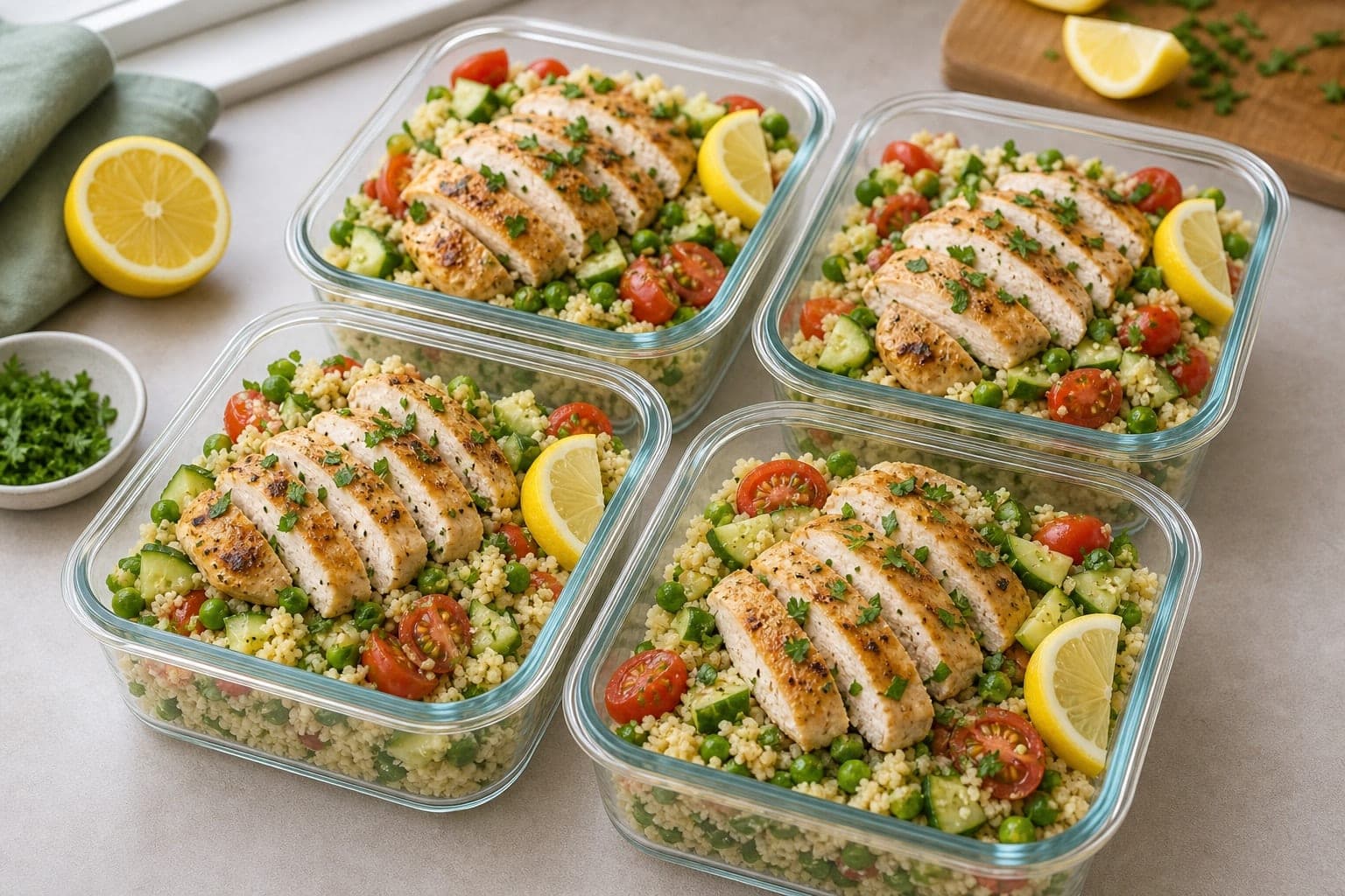Lemon Chicken Couscous Salad Boxes with Peas and Parsley plated and ready to serve.