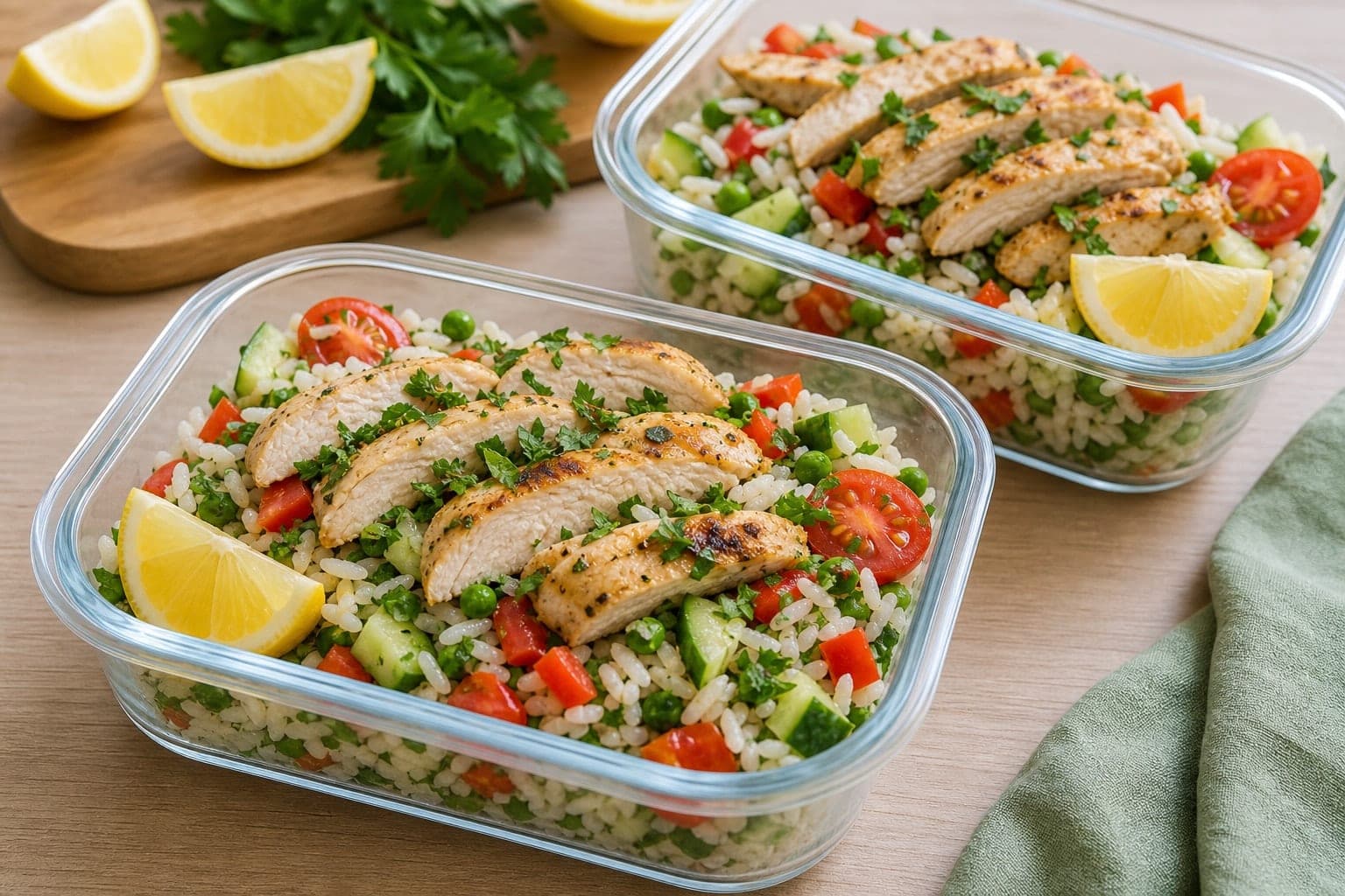 Lemon Chicken Pea Rice Salad Boxes plated and ready to serve.