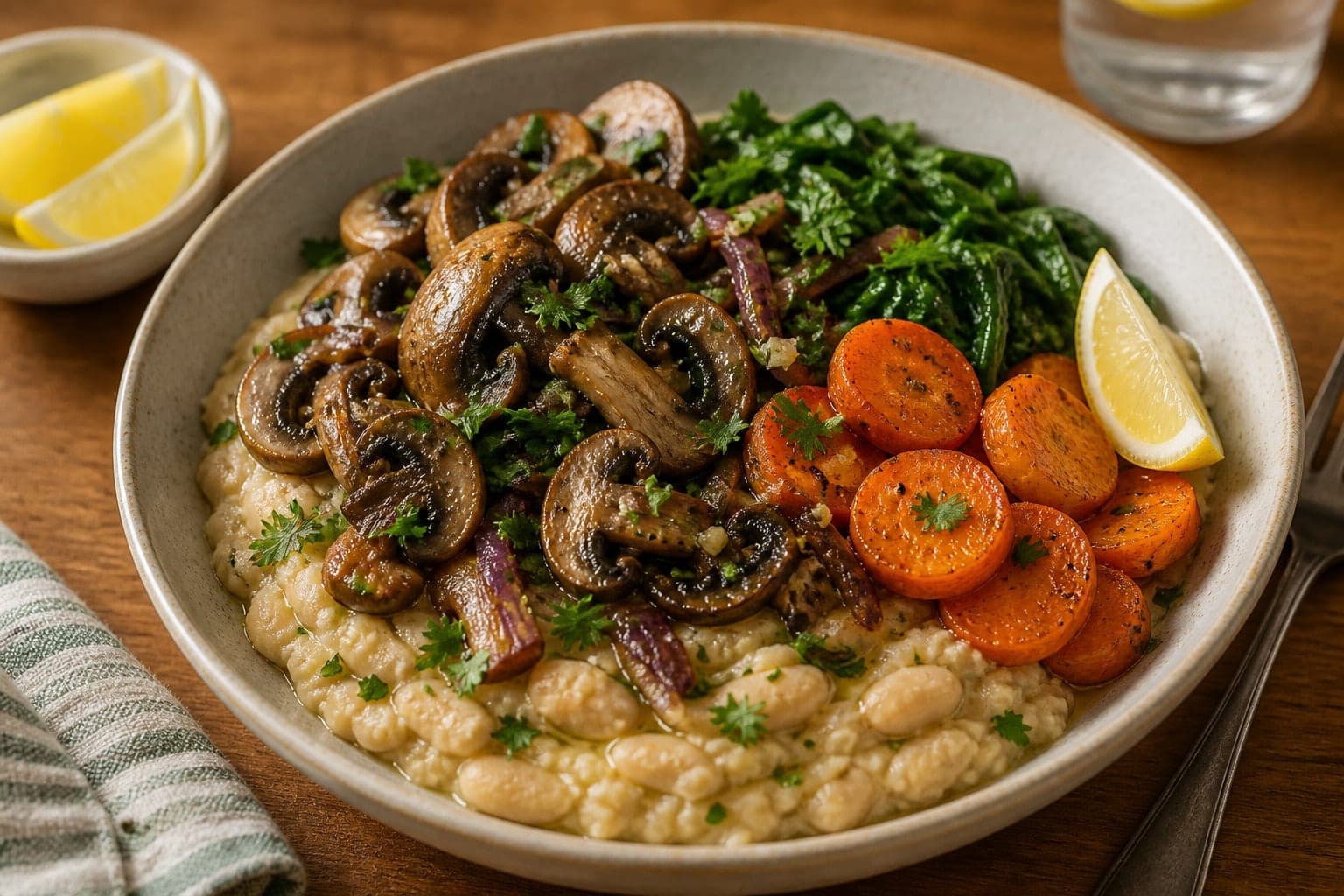 Mushroom Butter Bean Mash Bowls plated and ready to serve.