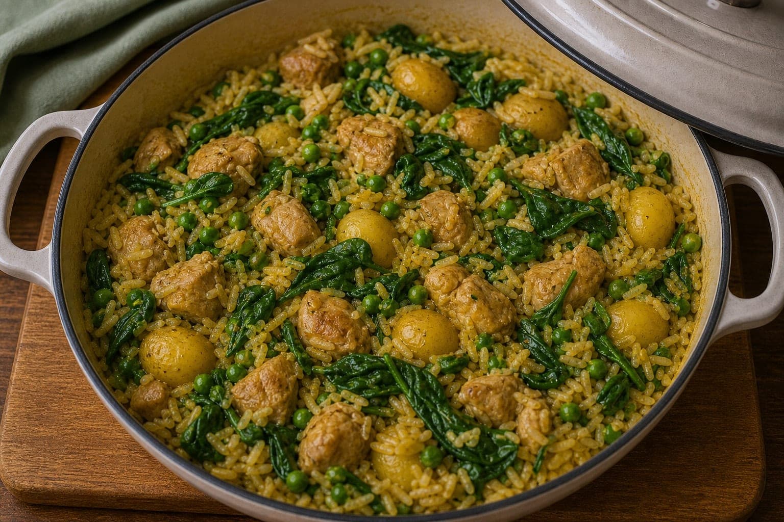 One-Pan Chicken Saag Aloo Rice with Peas cooking step 2: Brown the chicken.