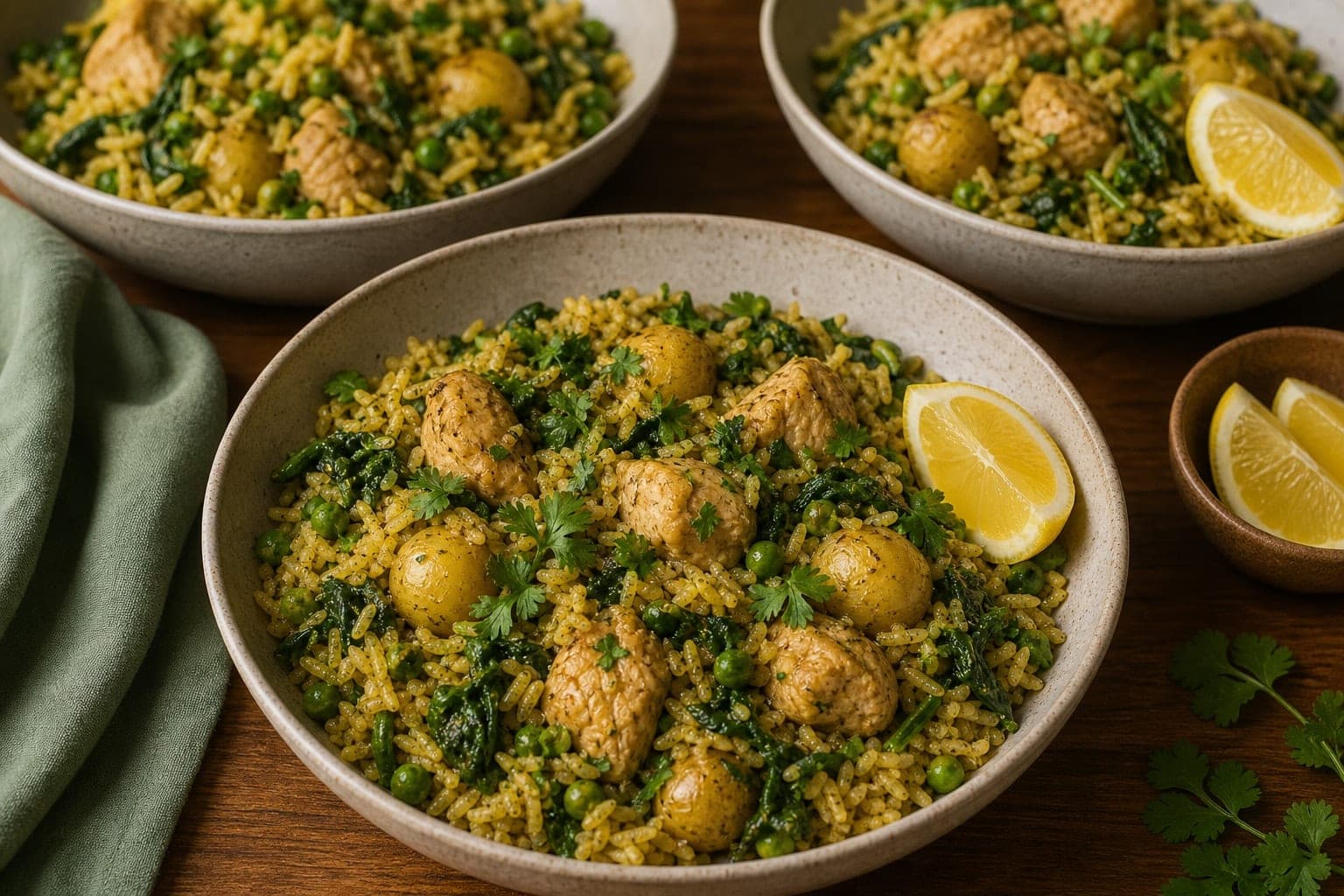 One-Pan Chicken Saag Aloo Rice with Peas cooking step 4: Simmer the rice.