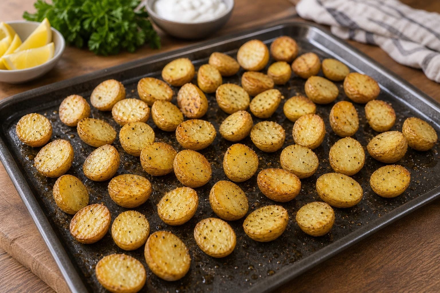 Salmon Broccoli Potato Traybake cooking step 1: Prep the tray.