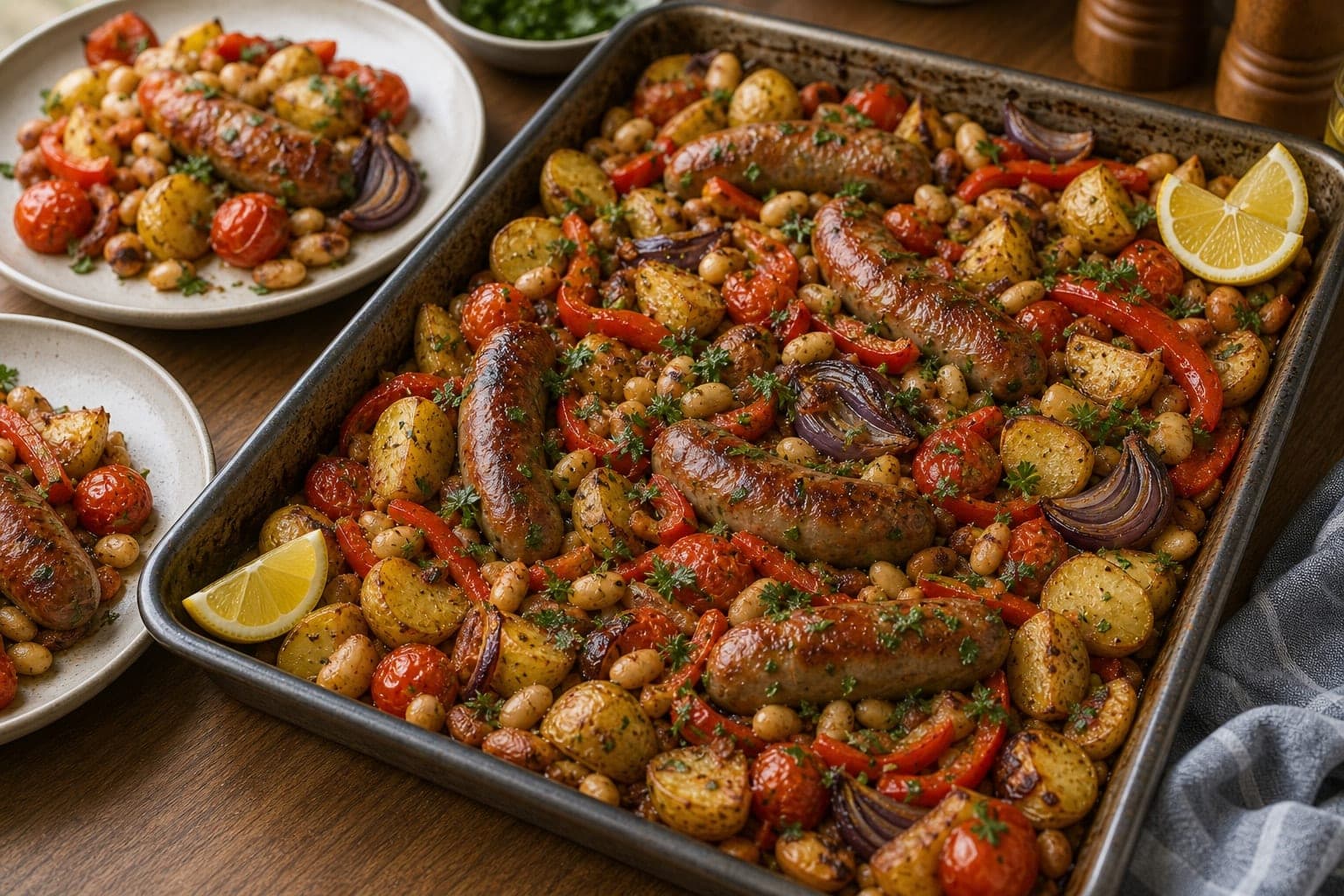 Golden Sausage Butter Bean Tomato Traybake plated and ready to serve.