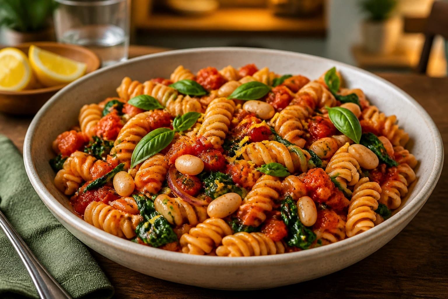 Smoky Bean Tomato Pasta with Spinach and Basil plated and ready to serve.