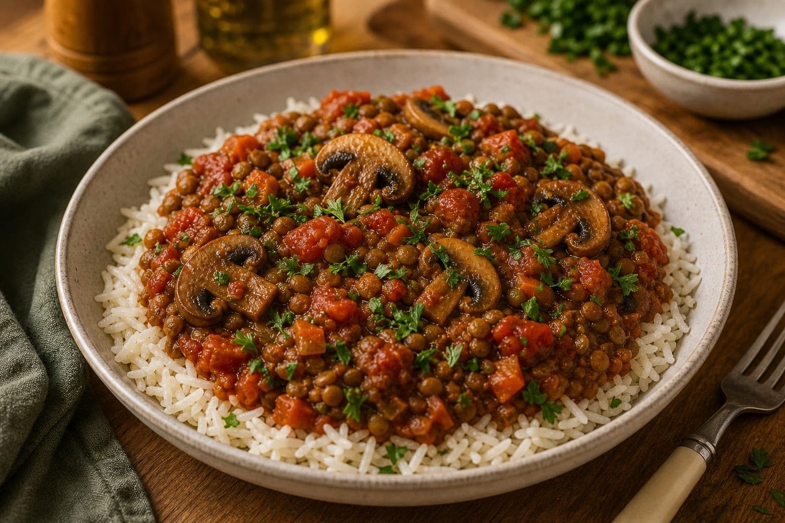 Smoky Lentil Mushroom Tomato Rice plated and ready to serve.