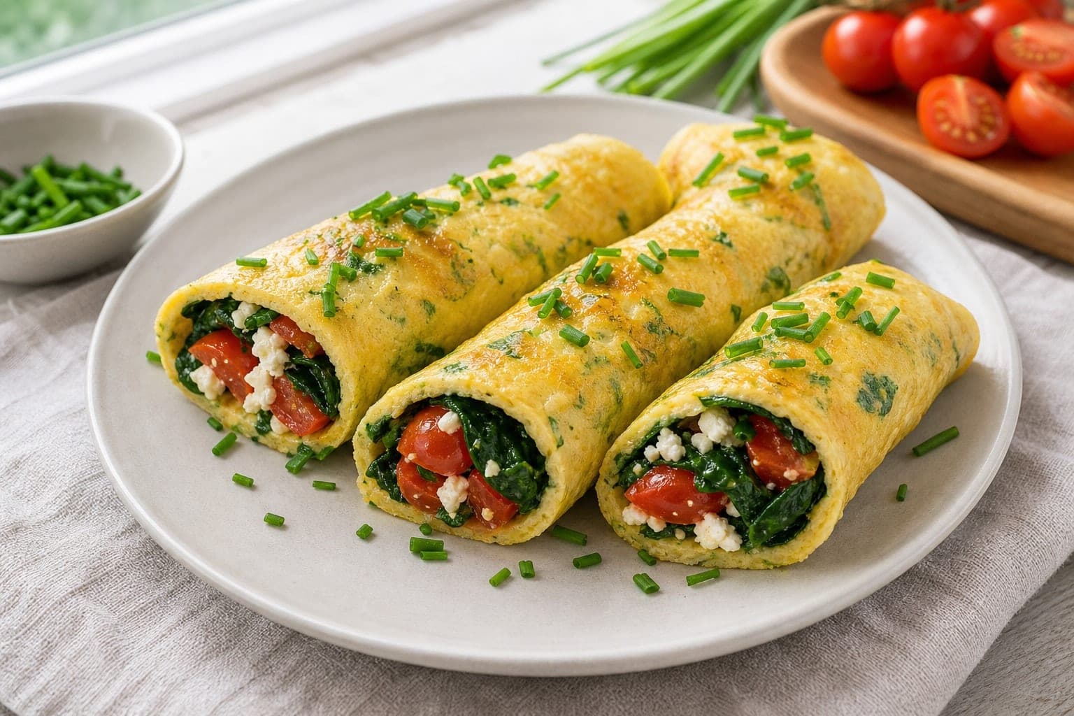 Spinach Tomato Feta Omelette Rolls with Chives plated and ready to serve.