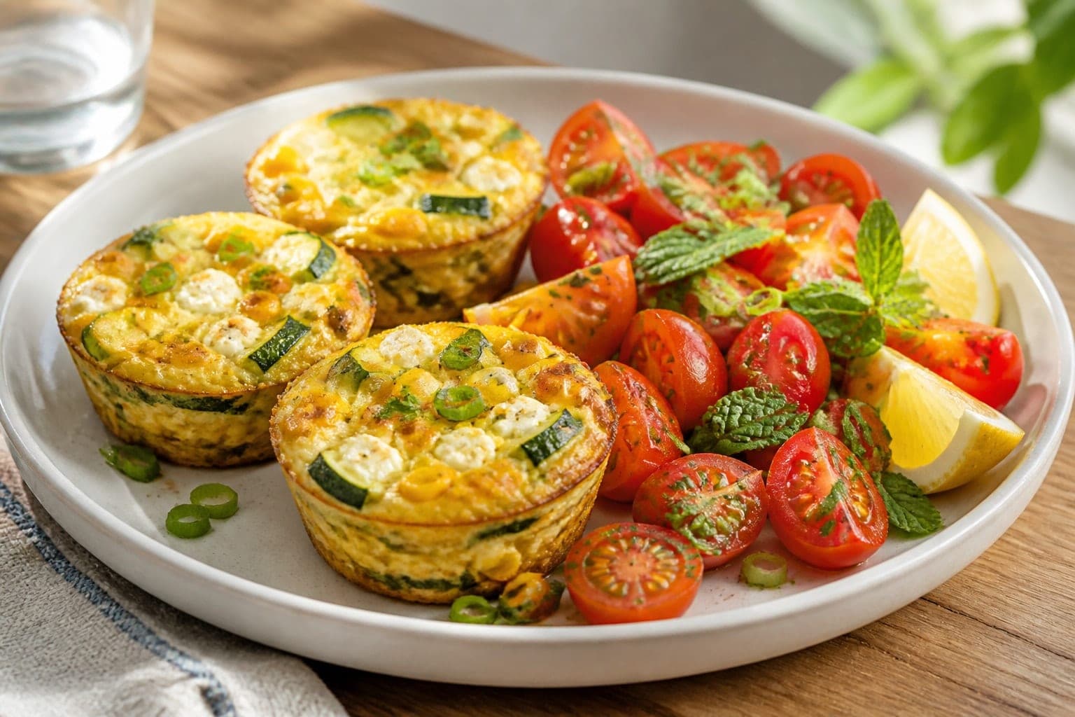 Golden Sweetcorn Courgette Feta Egg Cups with Tomato plated and ready to serve.