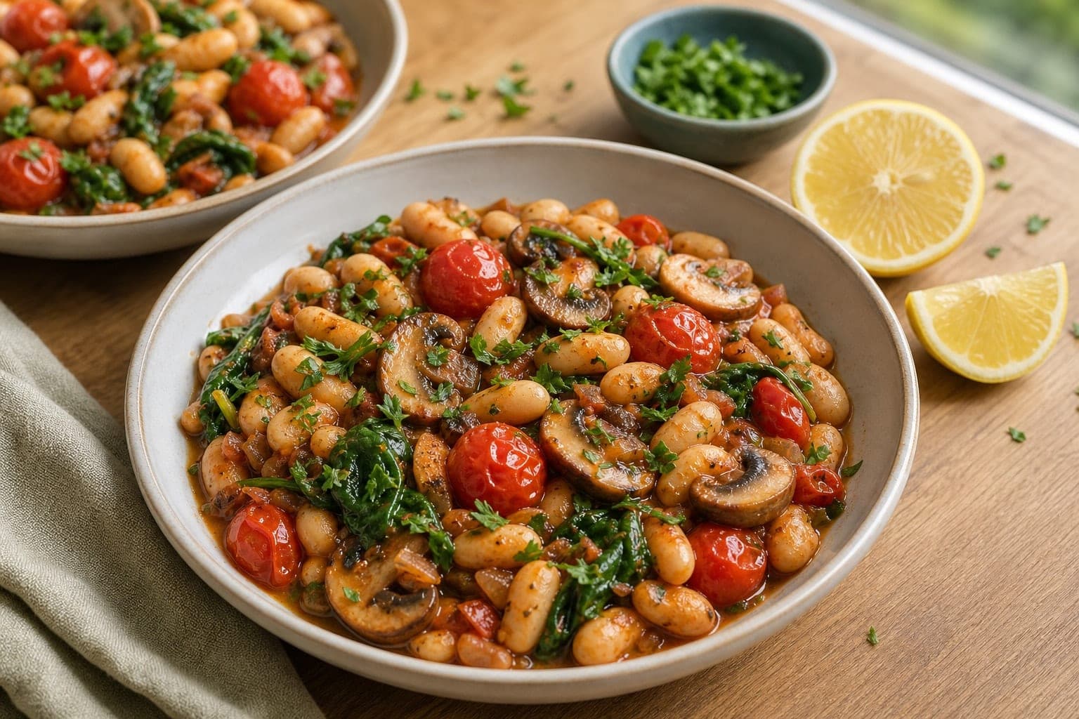 Tomato Mushroom Breakfast Beans plated and ready to serve.