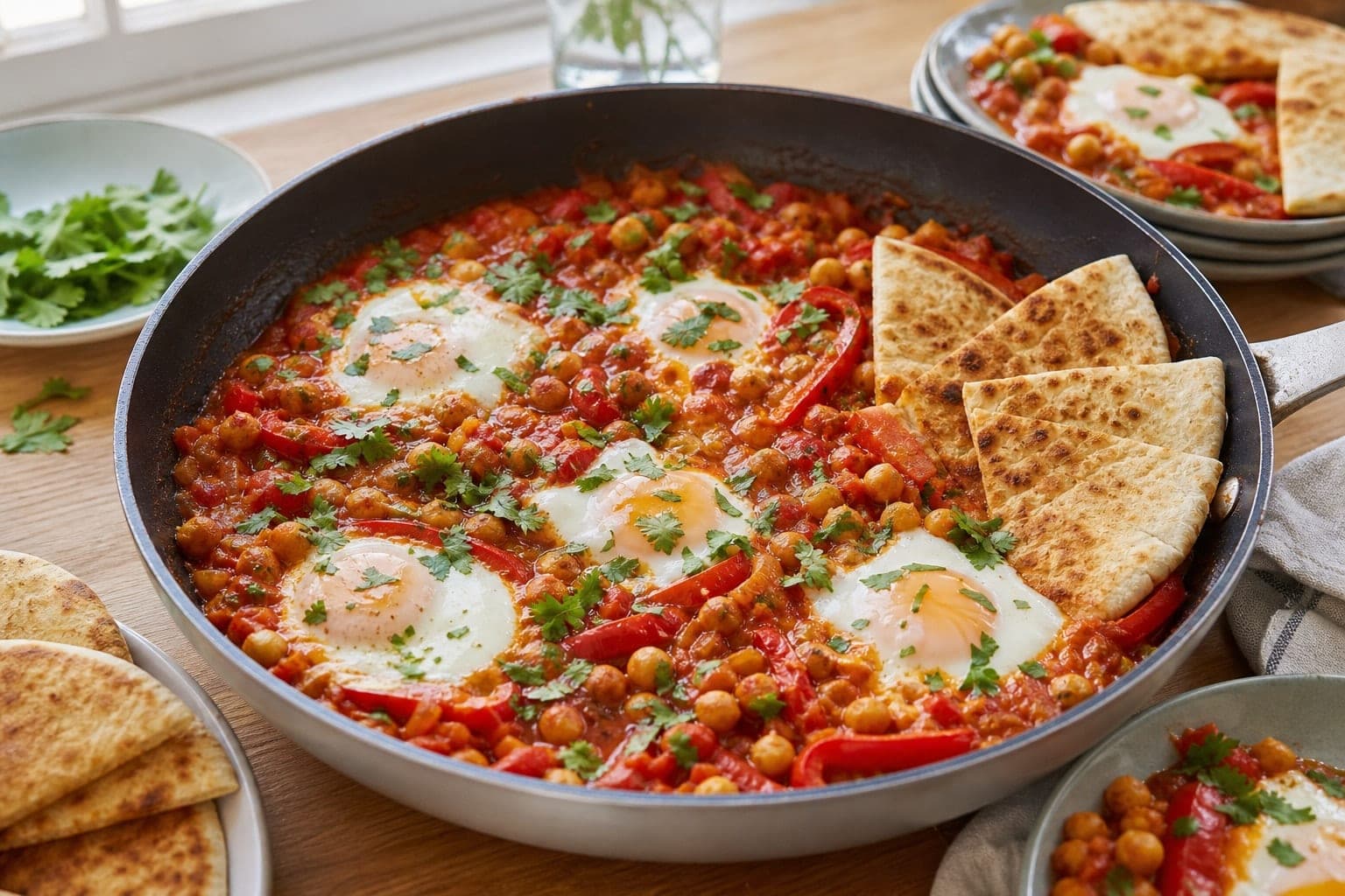 Tomato Pepper Shakshuka Pittas plated and ready to serve.