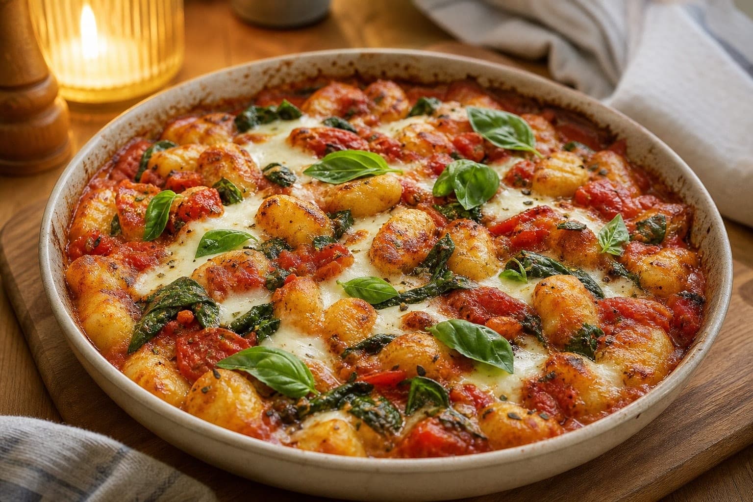 Tomato Spinach Gnocchi Bake with Mozzarella and Basil plated and ready to serve.