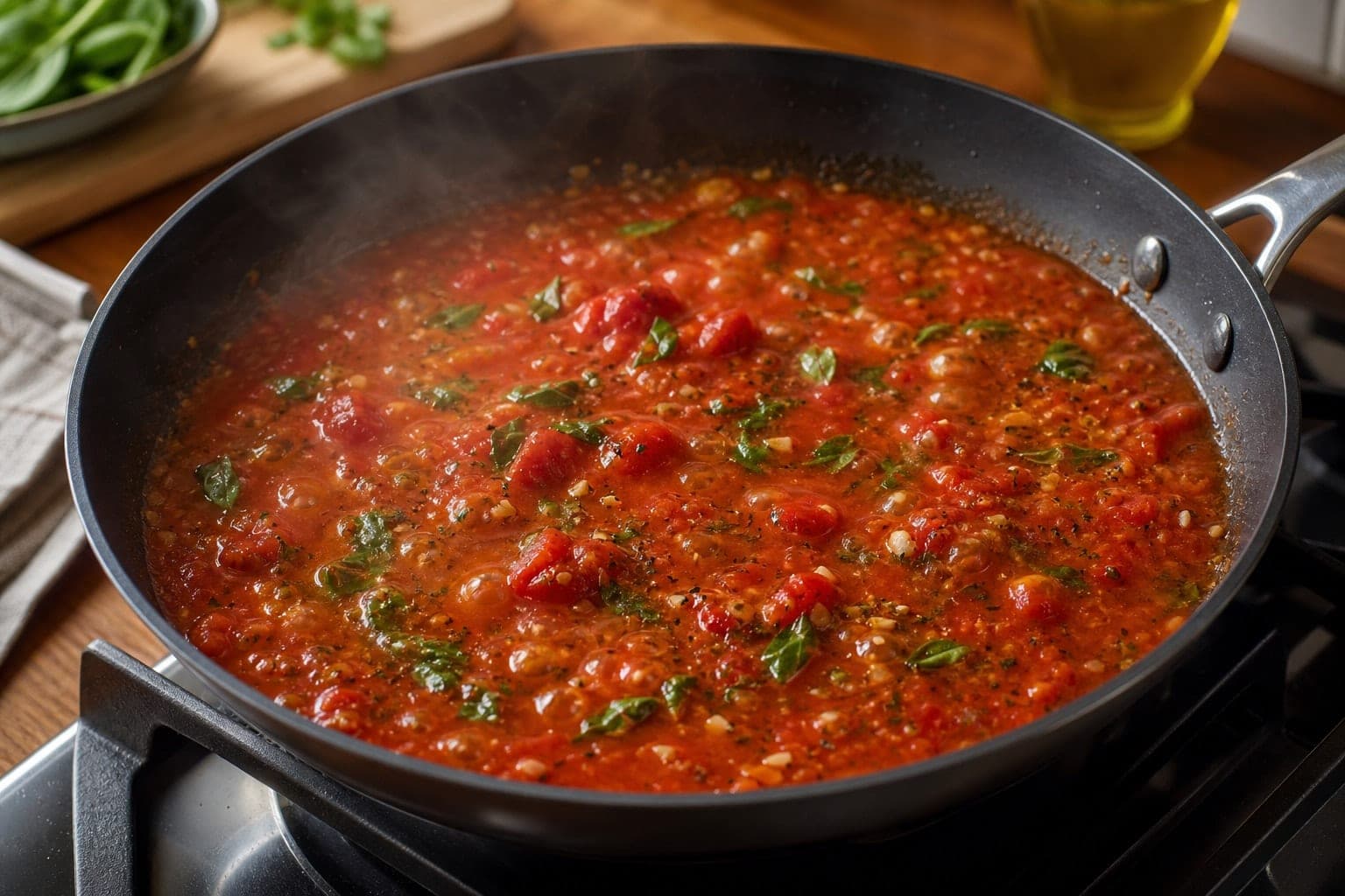Tomato Spinach Gnocchi Bake with Mozzarella and Basil cooking step 3: Simmer the sauce.