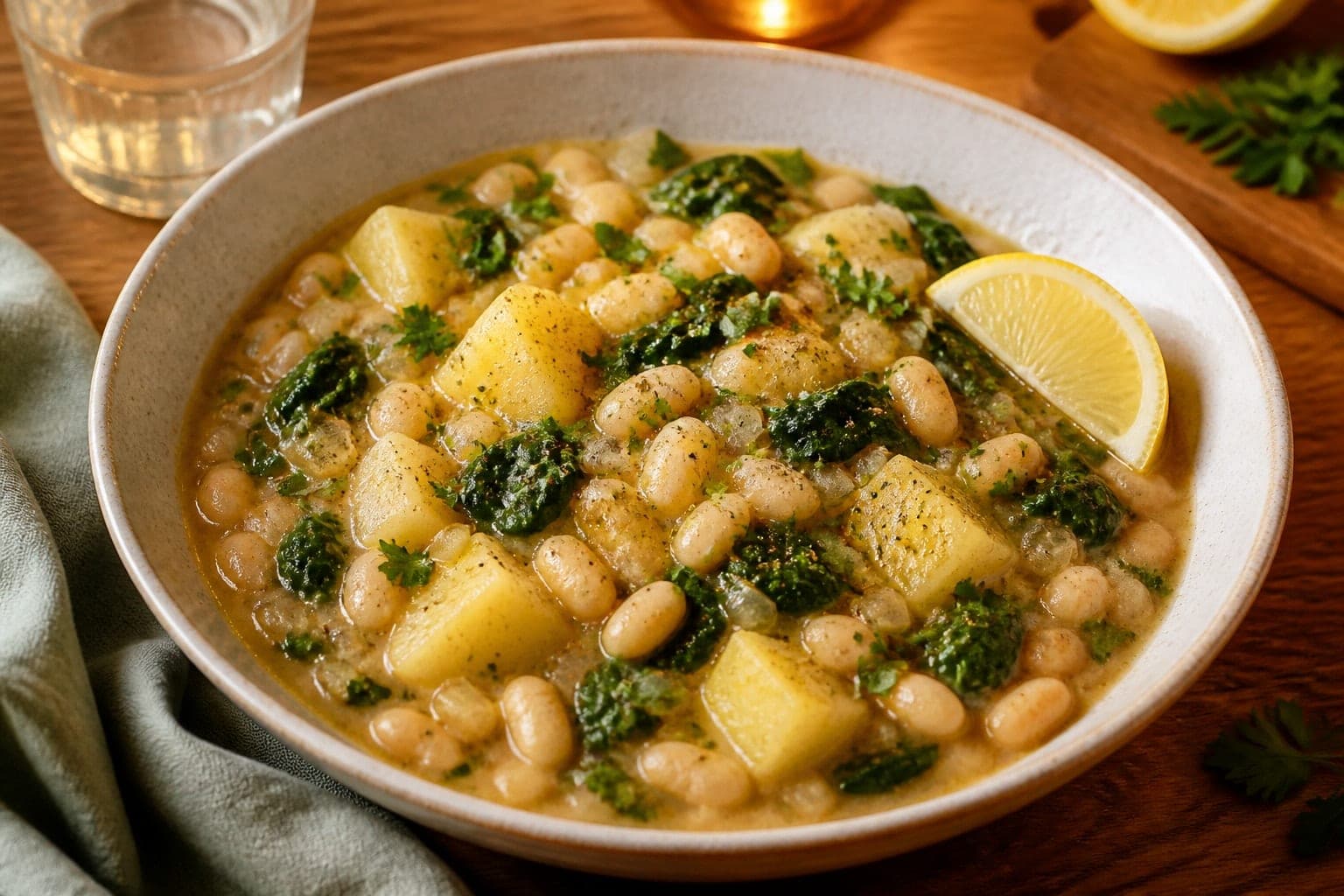 Creamy White Bean Potato Bowls with Spinach and Lemon plated and ready to serve.