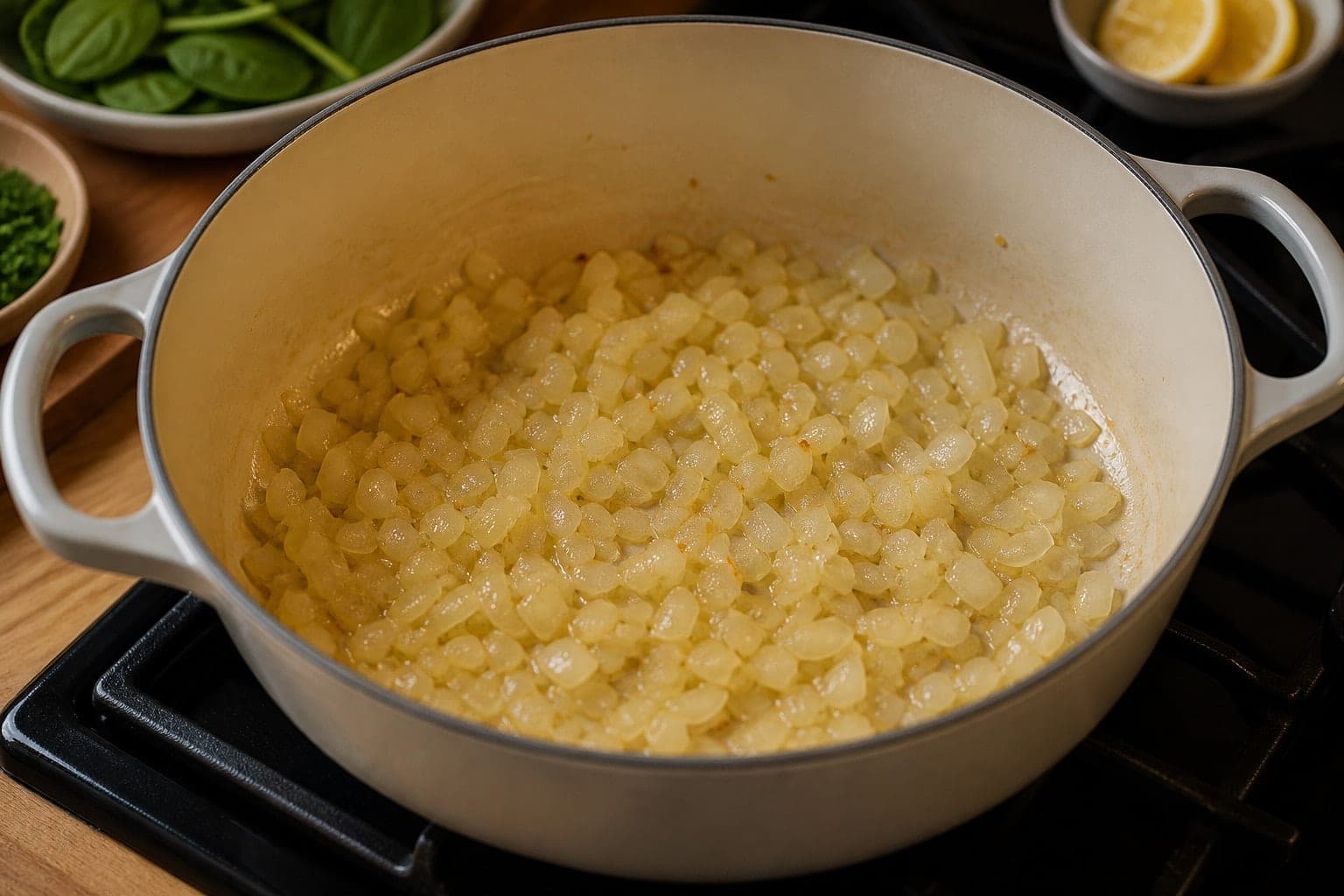 Creamy White Bean Potato Bowls with Spinach and Lemon cooking step 2: Soften the onion.