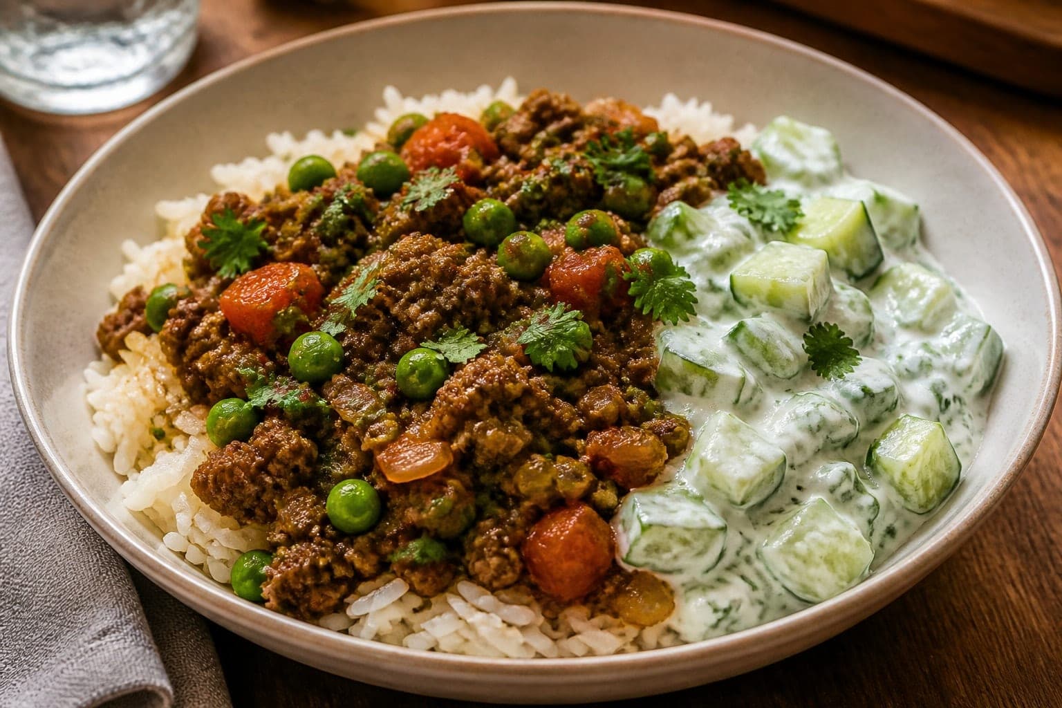 Beef Keema Pea Rice Bowls with Cucumber Yoghurt plated and ready to serve.