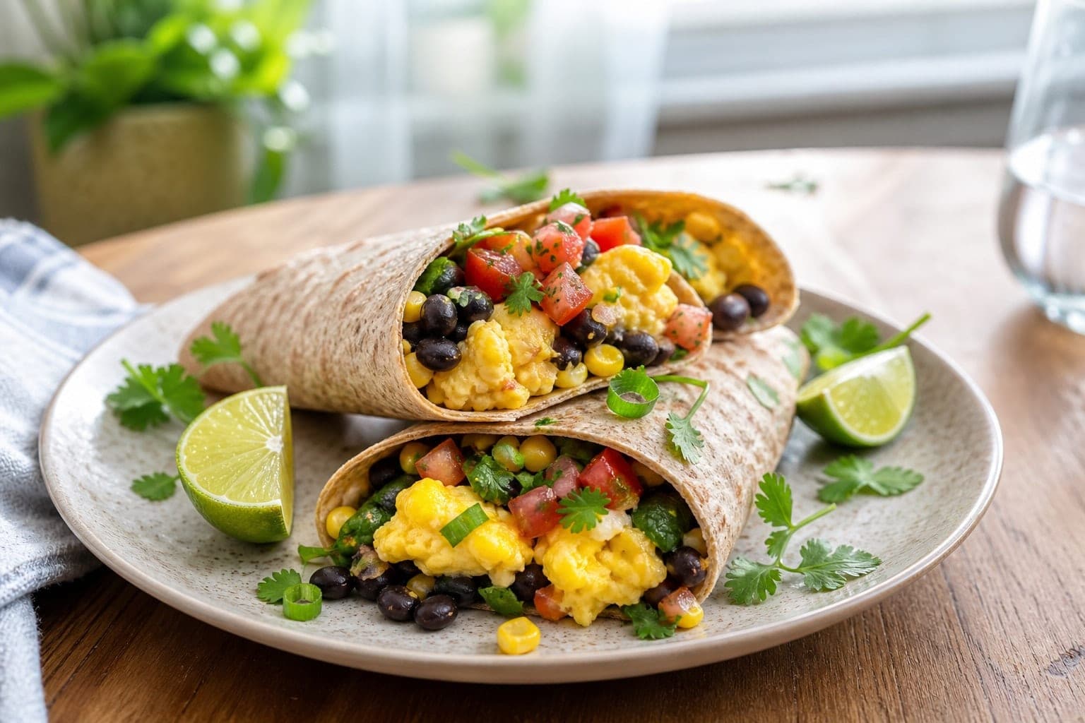 Black Bean Breakfast Wraps with Tomato Salsa plated and ready to serve.