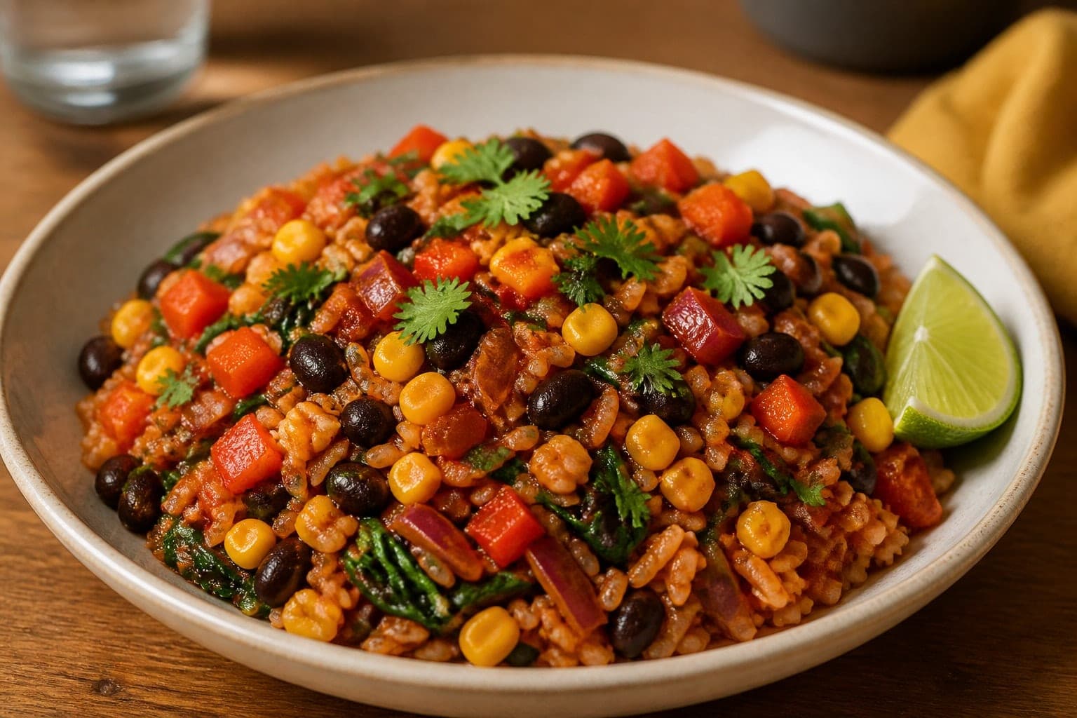 Black Bean Enchilada Rice with Lime and Coriander plated and ready to serve.