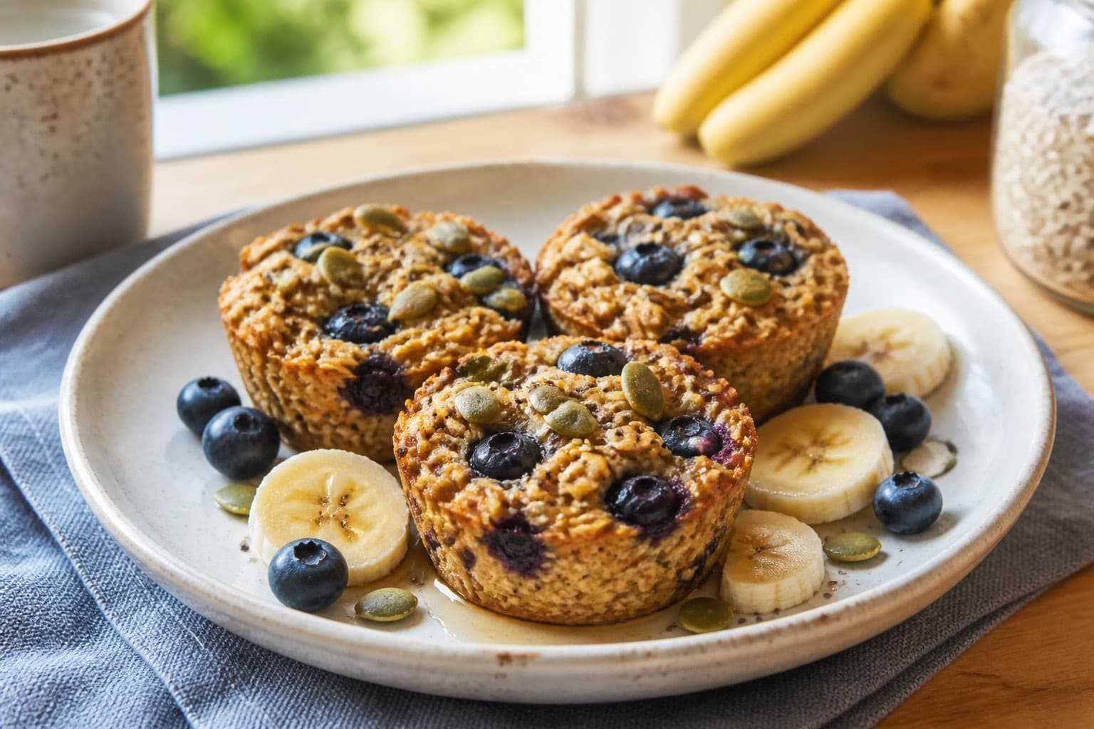Blueberry Banana Oat Breakfast Cups with Pumpkin Seeds plated and ready to serve.
