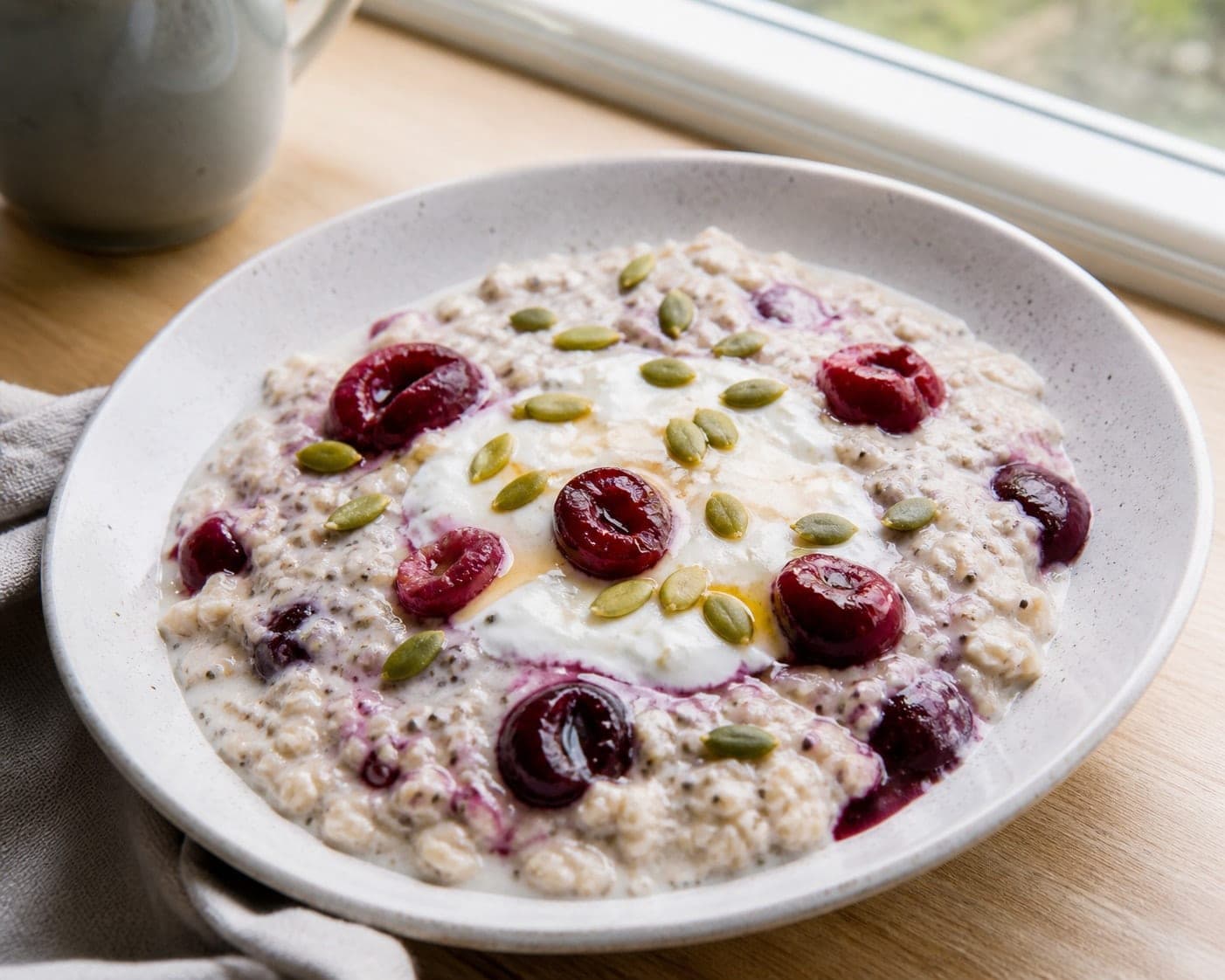 Cherry Coconut Overnight Oat Pots with Pumpkin Seeds plated and ready to serve.