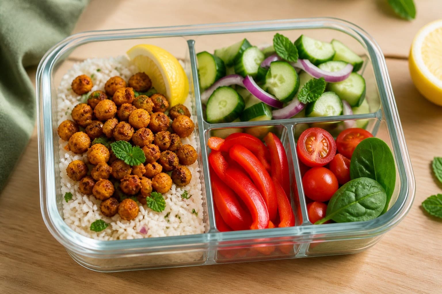 Chickpea Shawarma Rice Boxes with Cucumber and Mint plated and ready to serve.