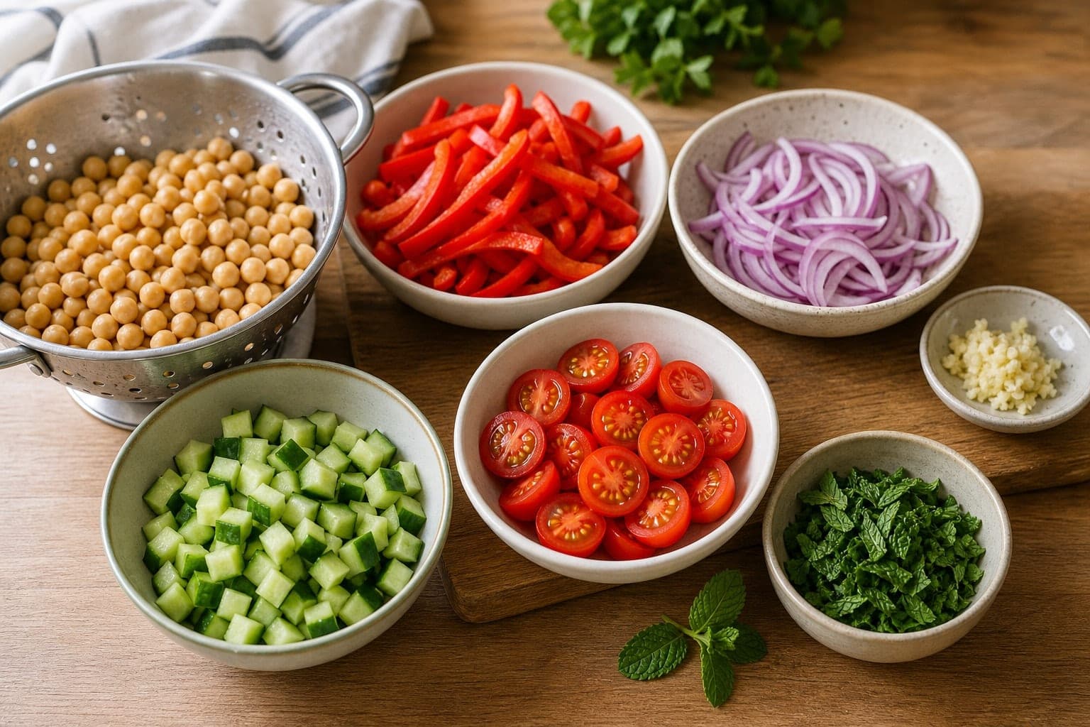 Chickpea Shawarma Rice Boxes with Cucumber and Mint cooking step 1: Prep the vegetables.